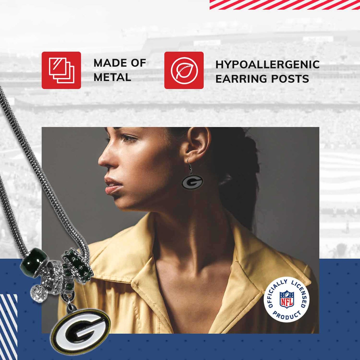 Green Bay Packers NFL Game Day Necklace and Earrings - Silver