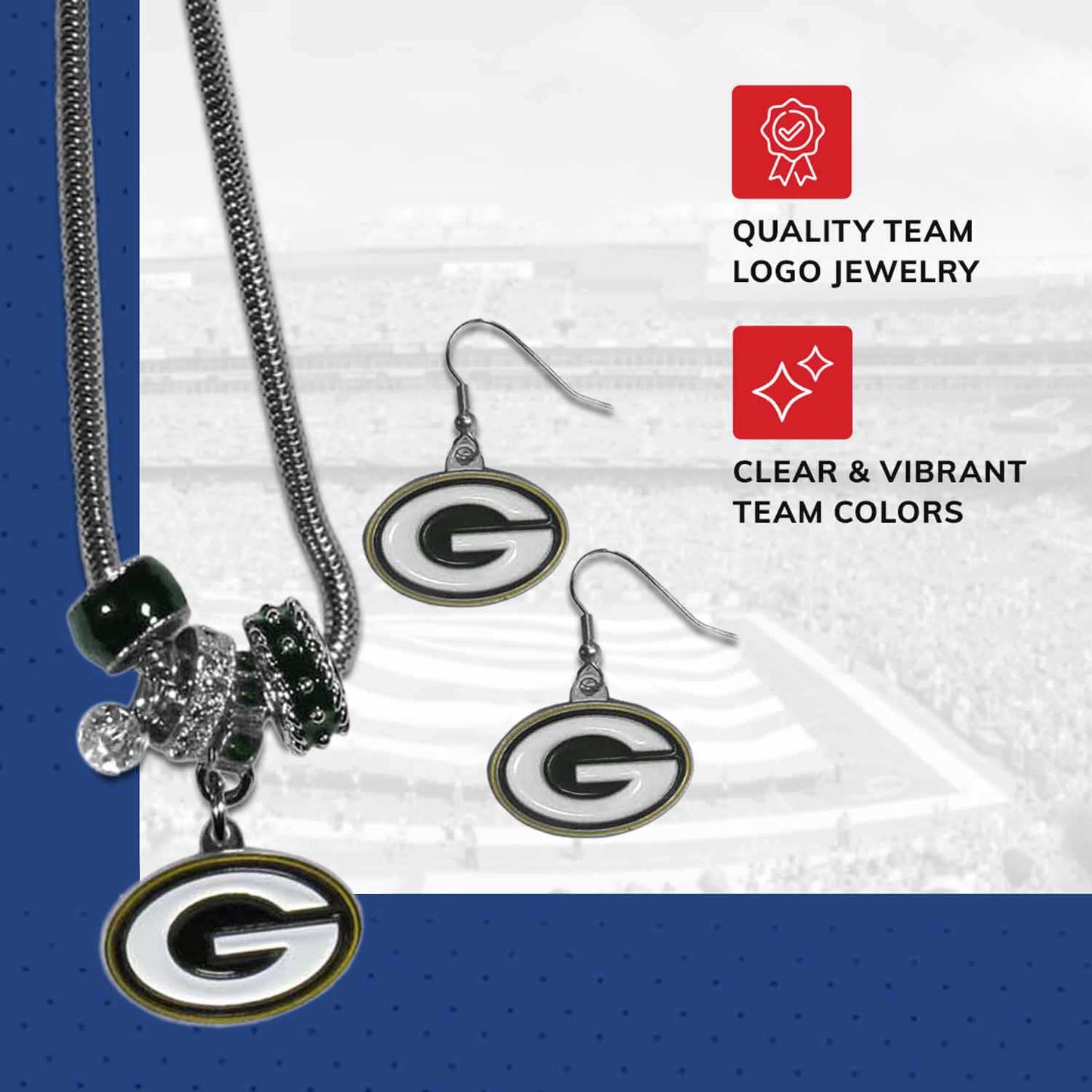 Green Bay Packers NFL Game Day Necklace and Earrings - Silver