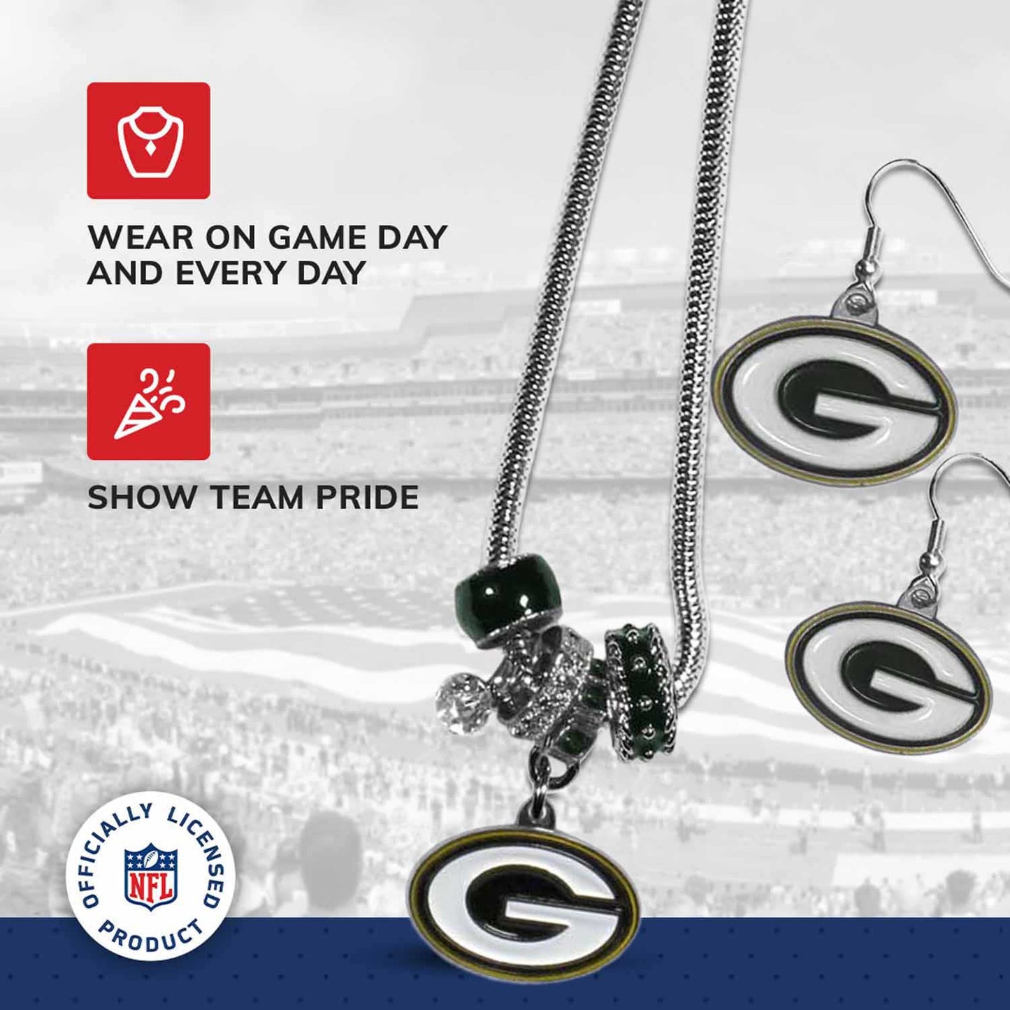 Green Bay Packers NFL Game Day Necklace and Earrings - Silver