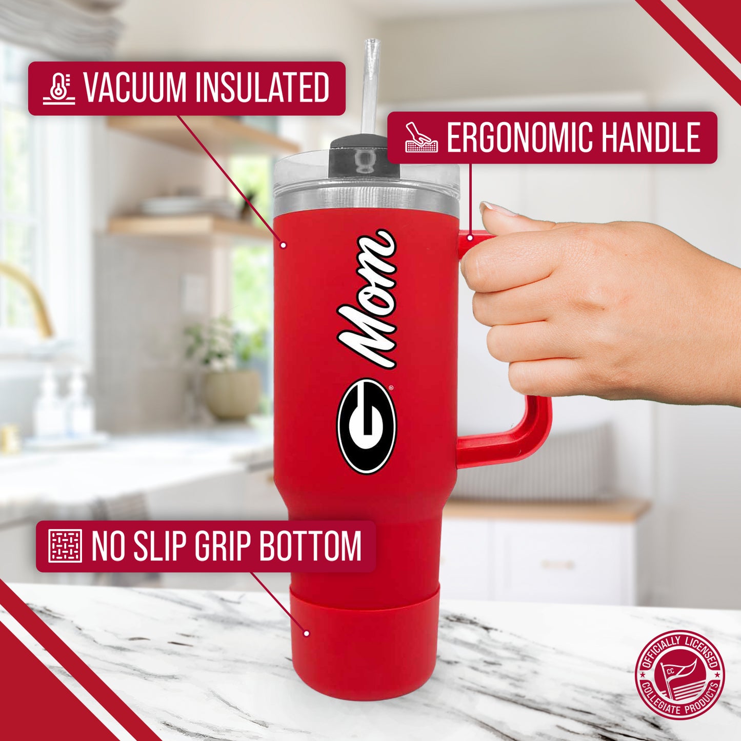 Georgia Bulldogs Collegiate 40oz Stainless Steel Travel Tumbler with Handle for Mom - Red