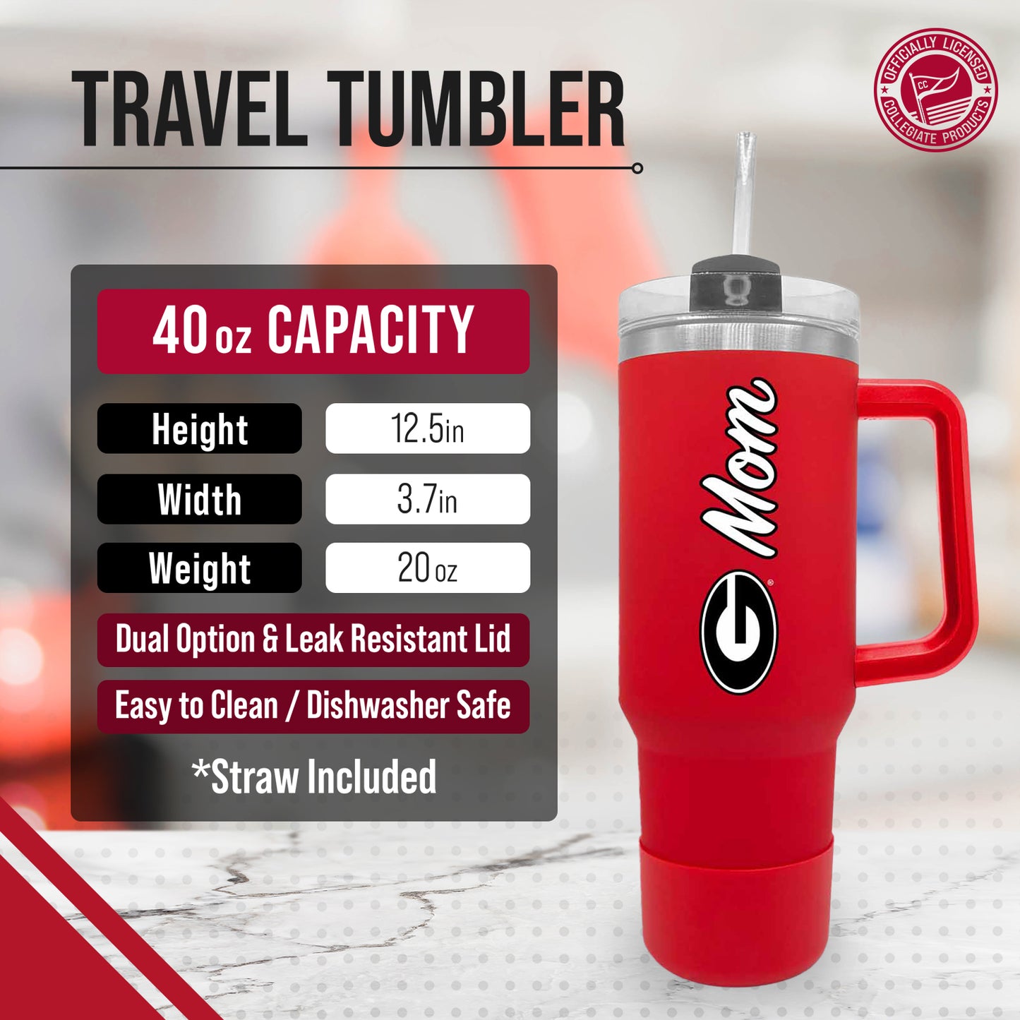 Georgia Bulldogs Collegiate 40oz Stainless Steel Travel Tumbler with Handle for Mom - Red