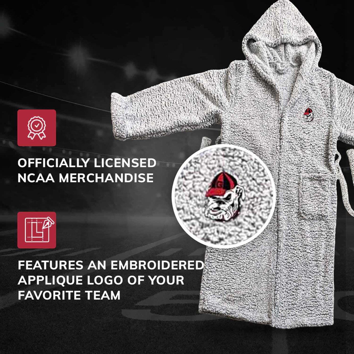 Georgia Bulldogs NCAA Adult Plush Hooded Robe with Pockets - Gray