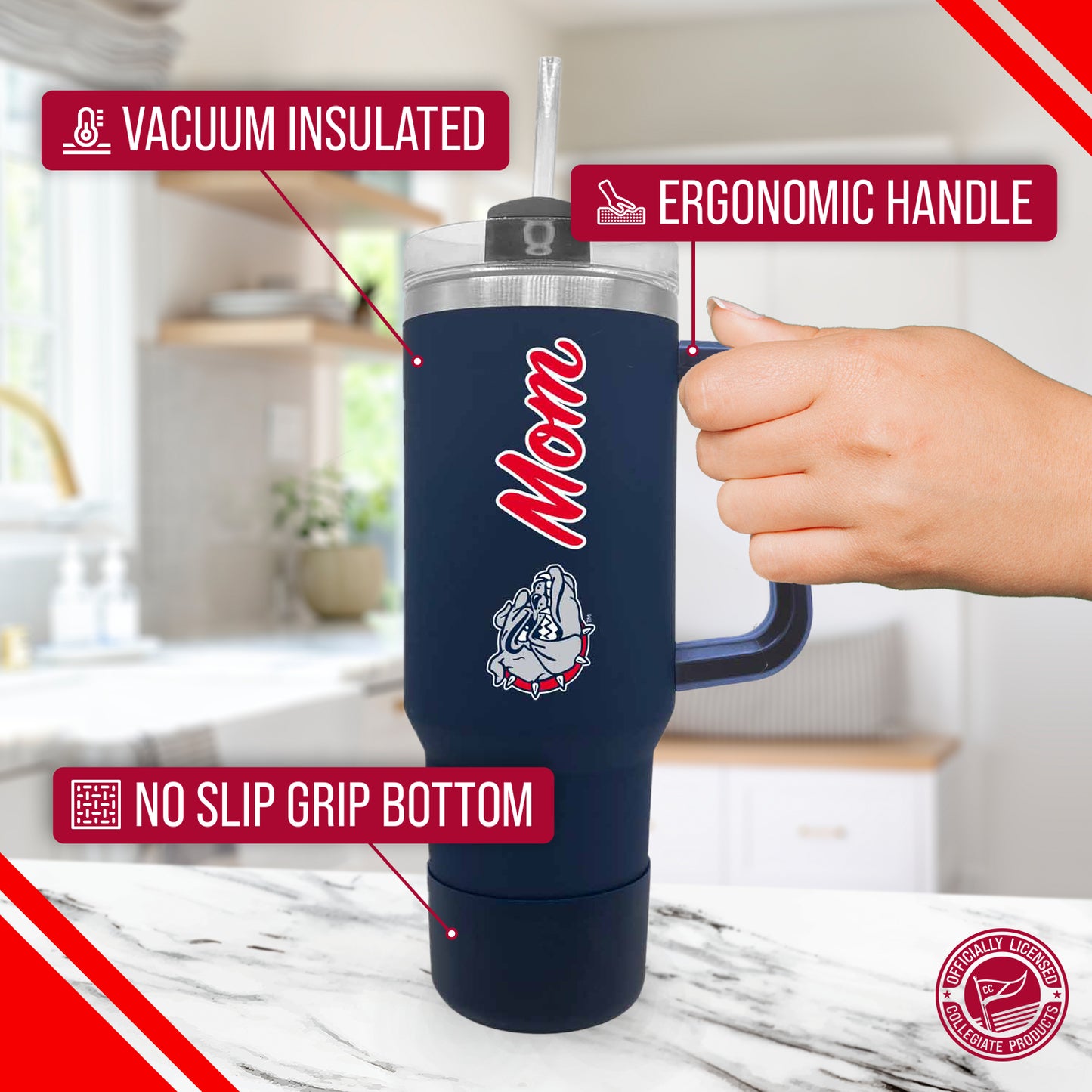 Gonzaga Bulldogs Collegiate 40oz Stainless Steel Travel Tumbler with Handle for Mom - Navy