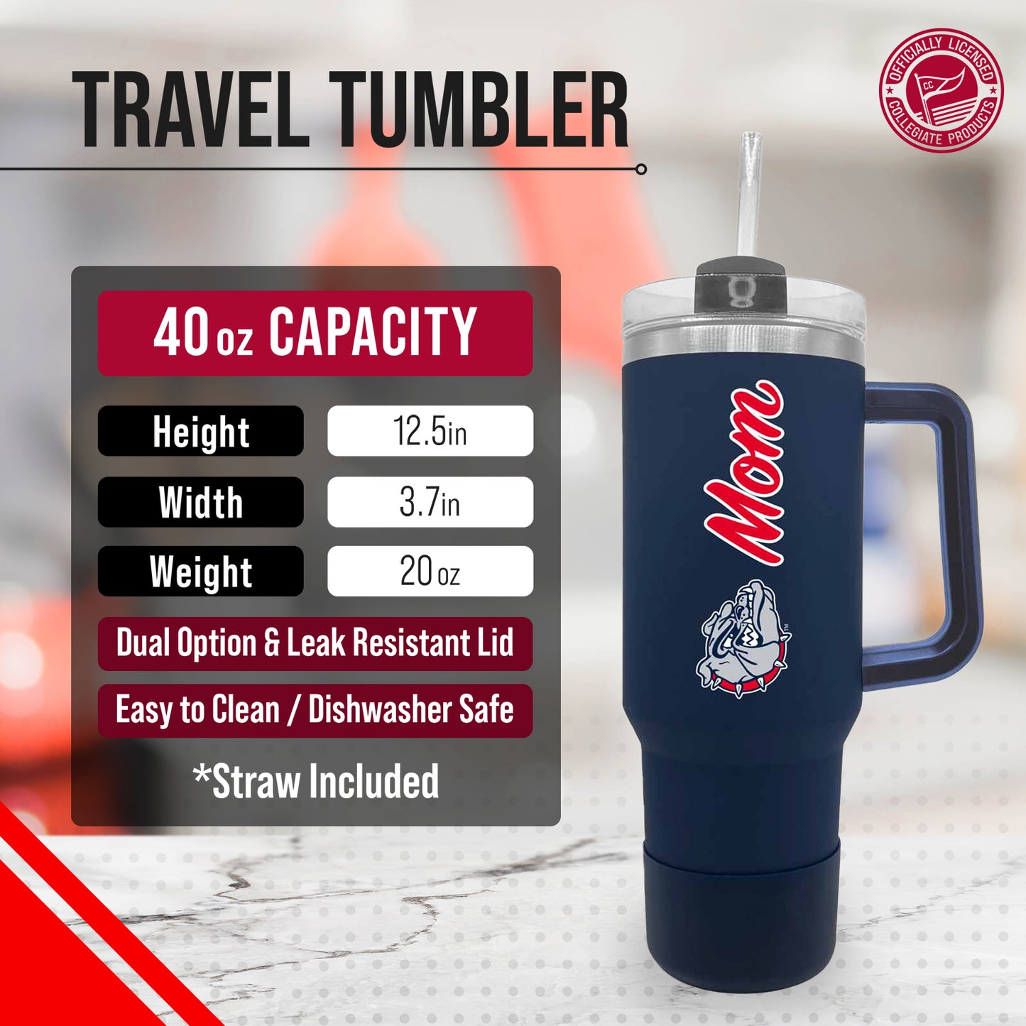 Gonzaga Bulldogs Collegiate 40oz Stainless Steel Travel Tumbler with Handle for Mom - Navy