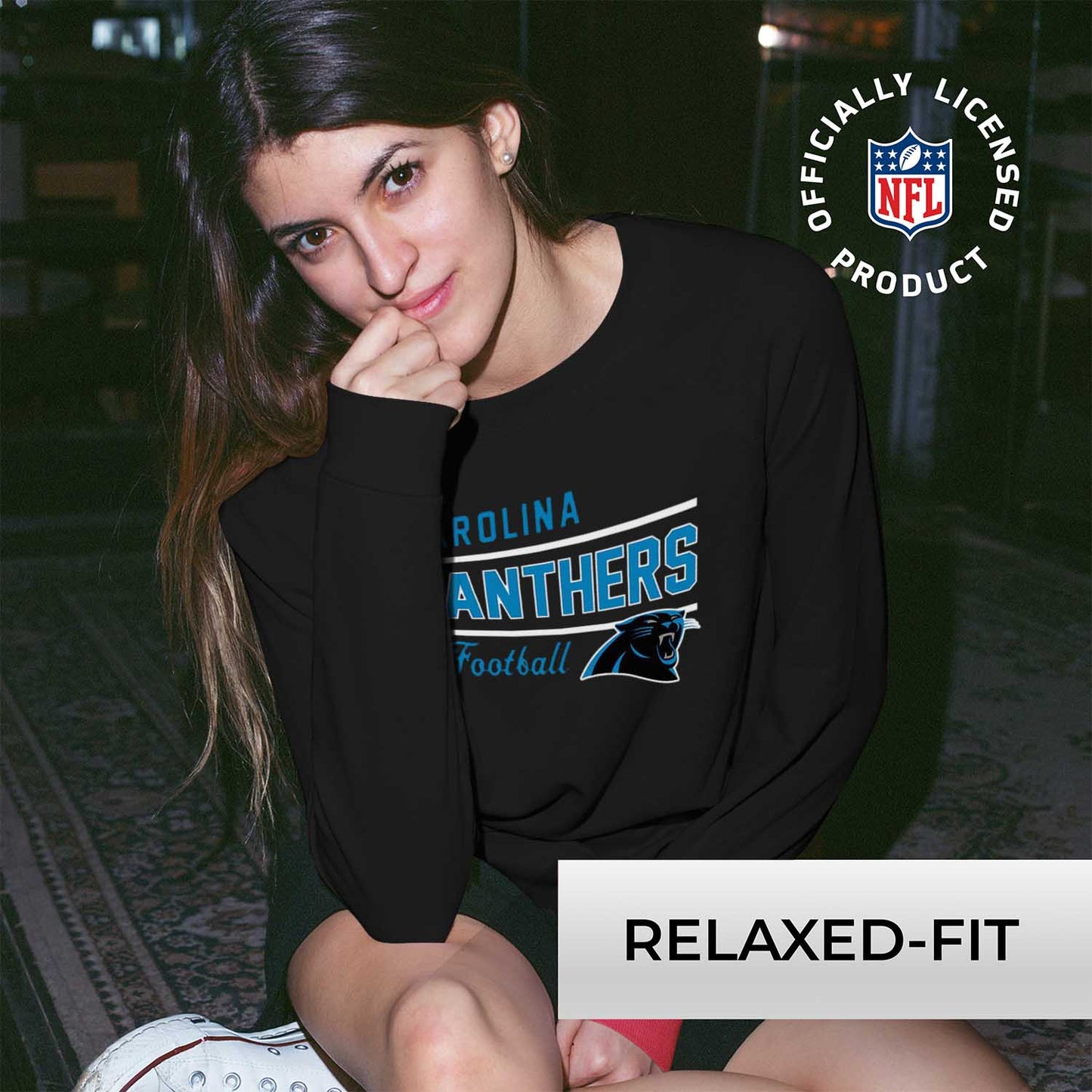 Carolina Panthers NFL Womens Crew Neck Light Weight - Black