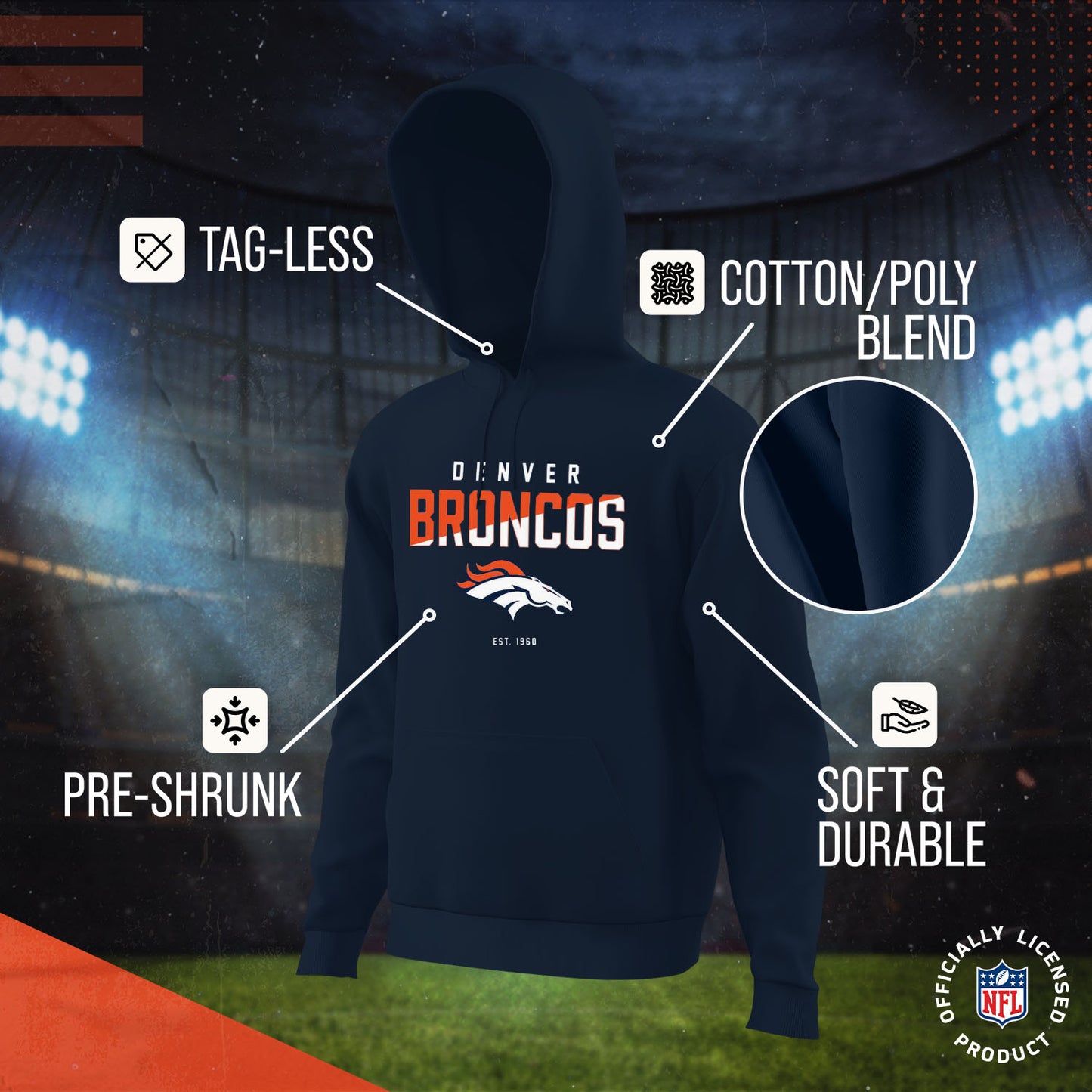 Denver Broncos Adult NFL Diagonal Fade Fleece Hooded Sweatshirt - Navy