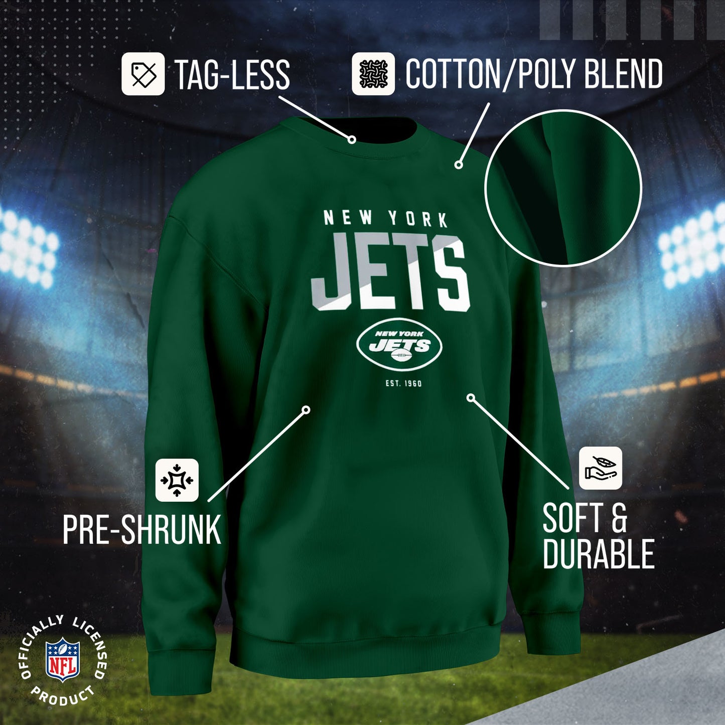 New York Jets Adult NFL Diagonal Fade Color Block Crewneck Sweatshirt - Forest Green