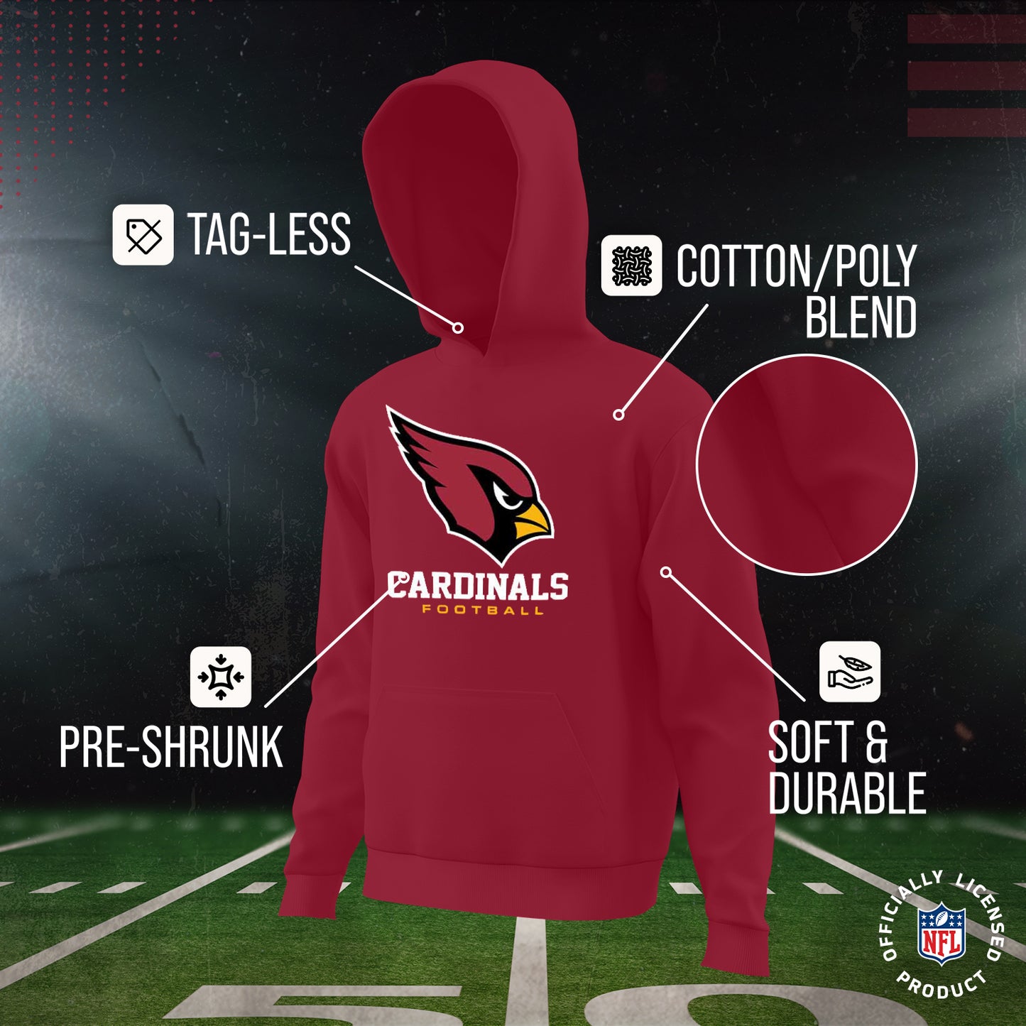 Arizona Cardinals Youth NFL Ultimate Fan Logo Fleece Hooded Sweatshirt -Tagless Football Pullover For Kids - Cardinal
