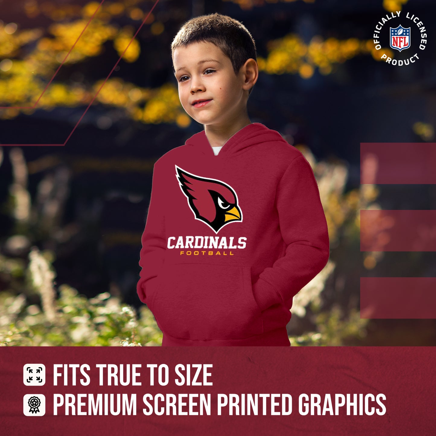 Arizona Cardinals Youth NFL Ultimate Fan Logo Fleece Hooded Sweatshirt -Tagless Football Pullover For Kids - Cardinal
