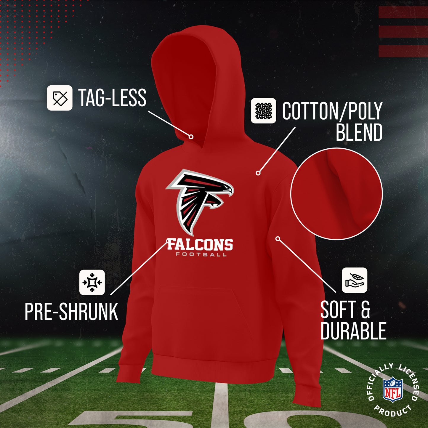 Atlanta Falcons Youth NFL Ultimate Fan Logo Fleece Hooded Sweatshirt -Tagless Football Pullover For Kids - Red
