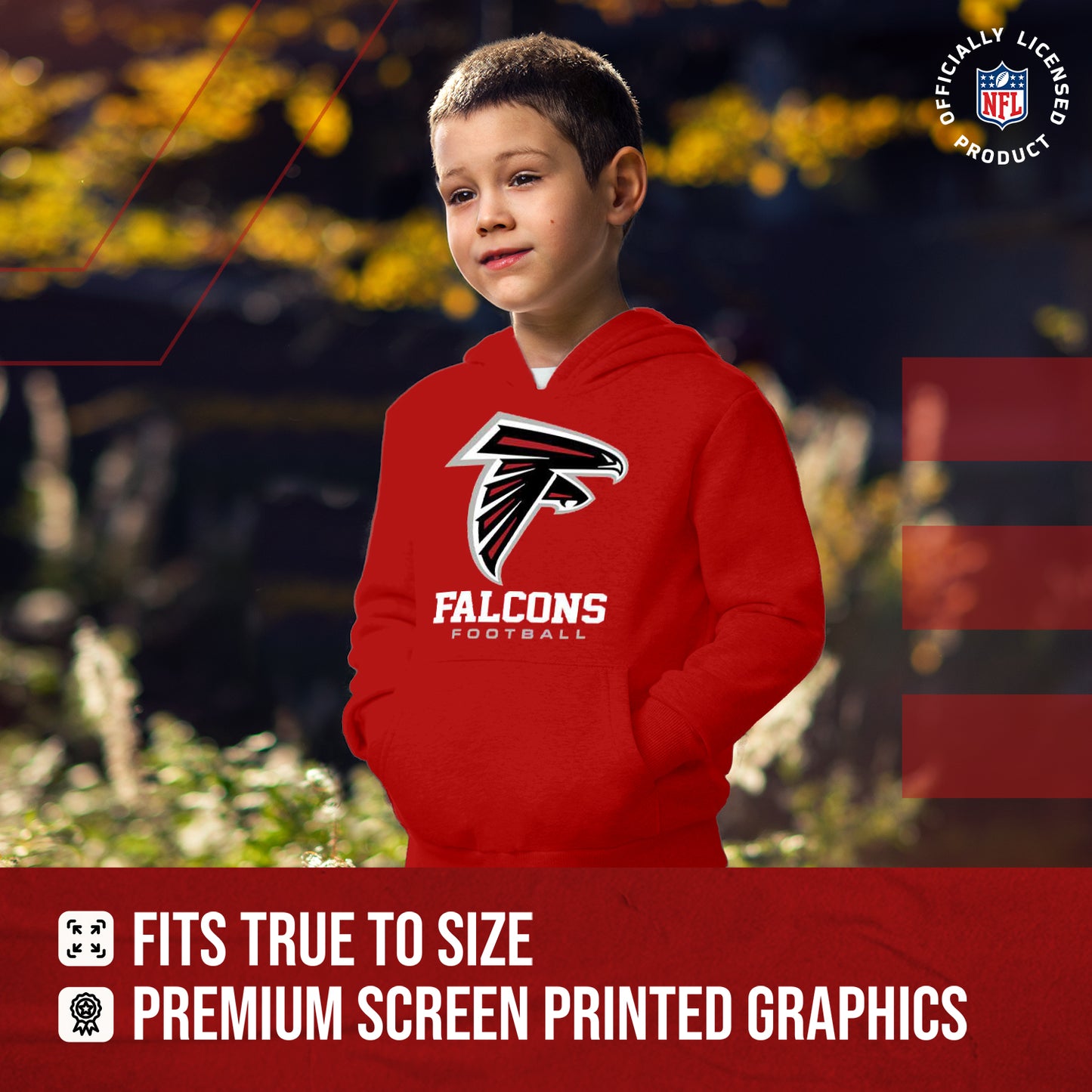 Atlanta Falcons Youth NFL Ultimate Fan Logo Fleece Hooded Sweatshirt -Tagless Football Pullover For Kids - Red