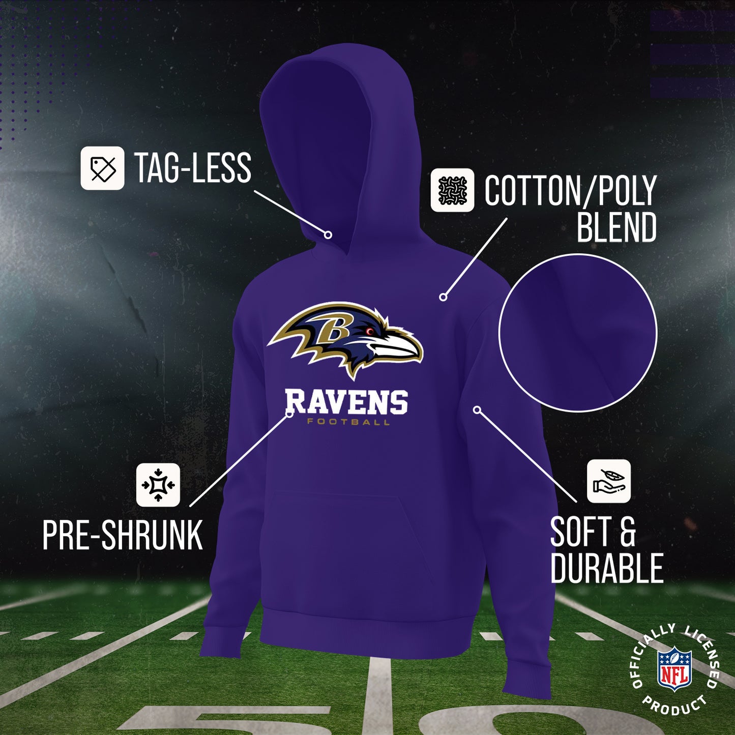 Baltimore Ravens Youth NFL Ultimate Fan Logo Fleece Hooded Sweatshirt -Tagless Football Pullover For Kids - Purple