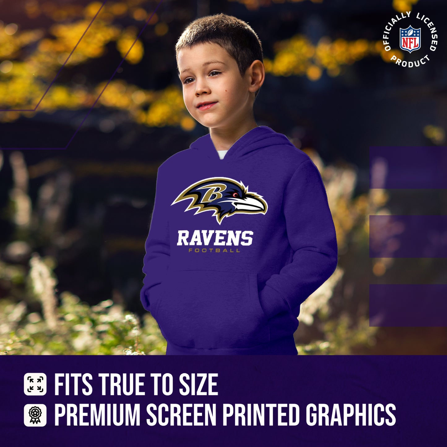 Baltimore Ravens Youth NFL Ultimate Fan Logo Fleece Hooded Sweatshirt -Tagless Football Pullover For Kids - Purple