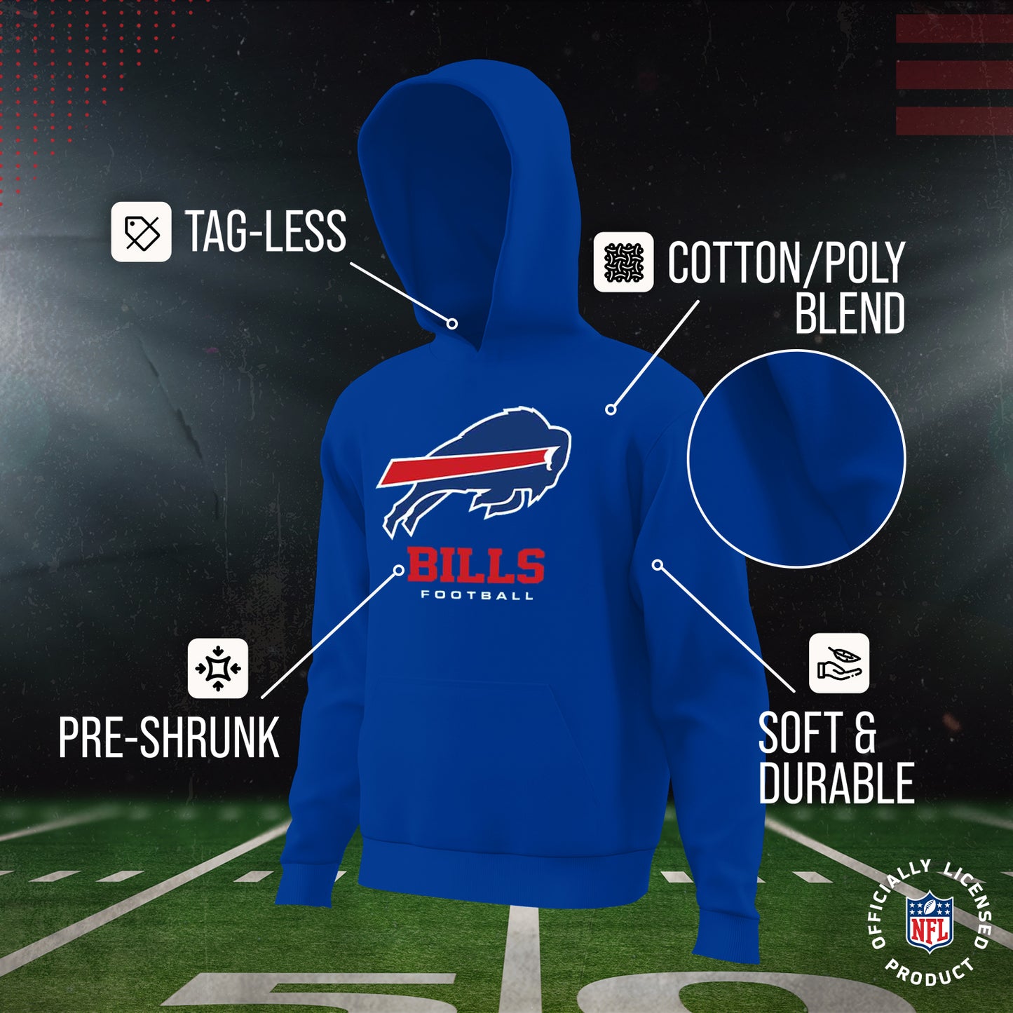 Buffalo Bills Youth NFL Ultimate Fan Logo Fleece Hooded Sweatshirt -Tagless Football Pullover For Kids - Royal