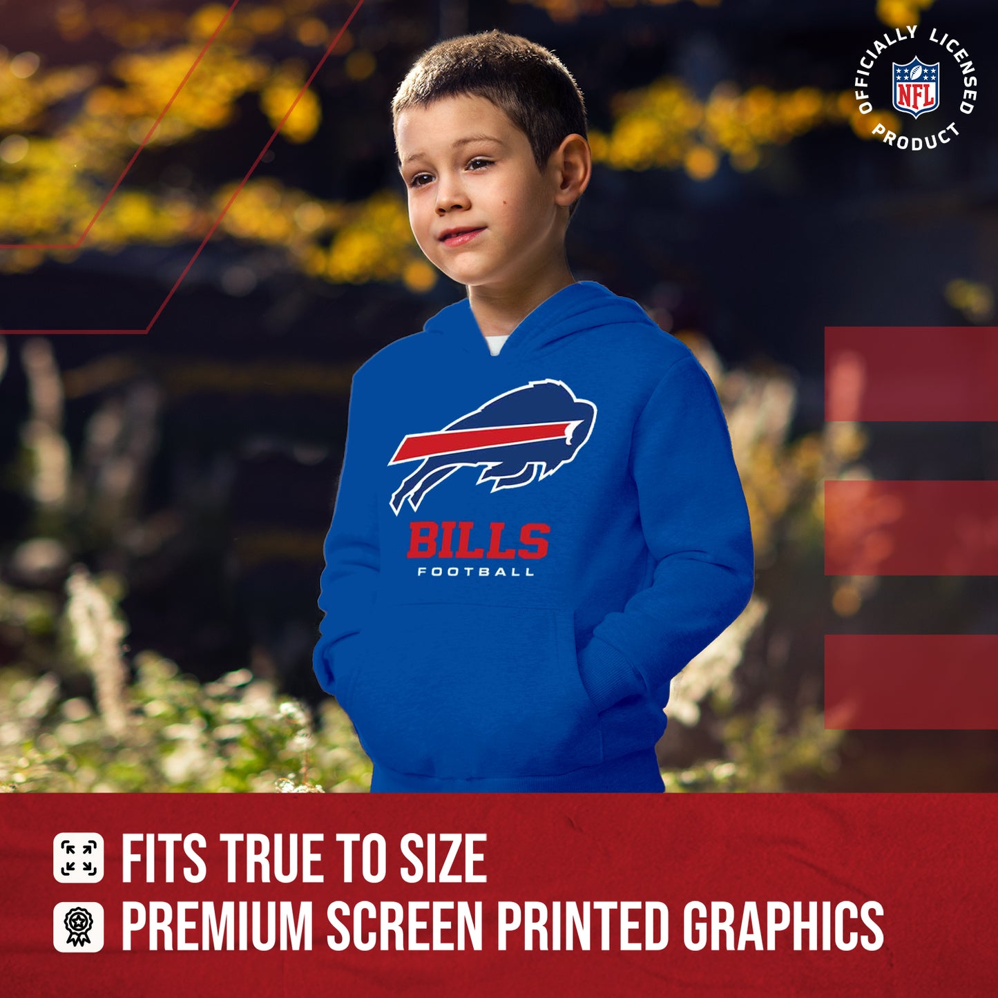 Buffalo Bills Youth NFL Ultimate Fan Logo Fleece Hooded Sweatshirt -Tagless Football Pullover For Kids - Royal