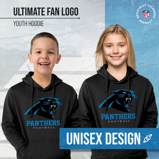 Carolina Panthers Youth NFL Ultimate Fan Logo Fleece Hooded Sweatshirt -Tagless Football Pullover For Kids - Black