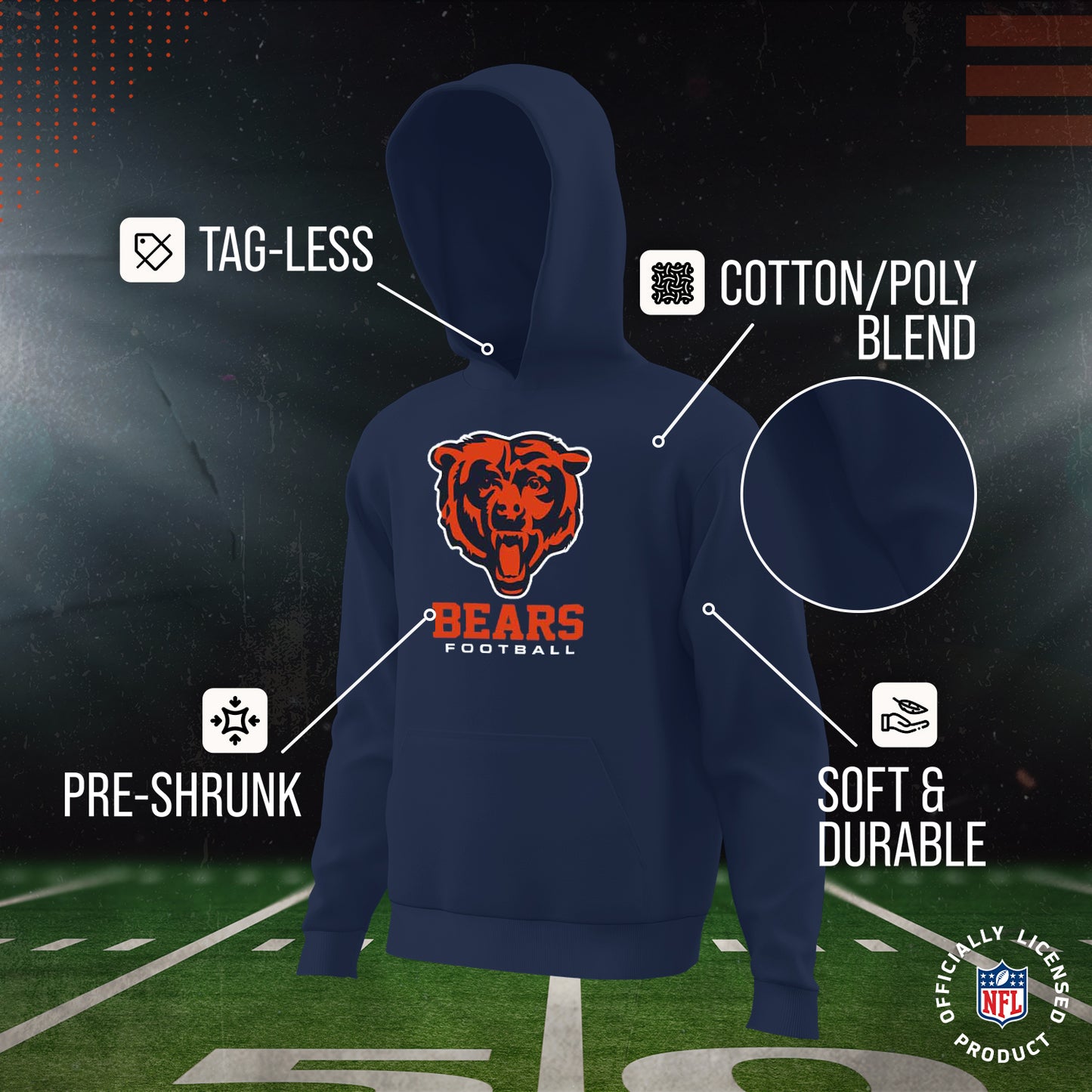 Chicago Bears Youth NFL Ultimate Fan Logo Fleece Hooded Sweatshirt -Tagless Football Pullover For Kids - Navy