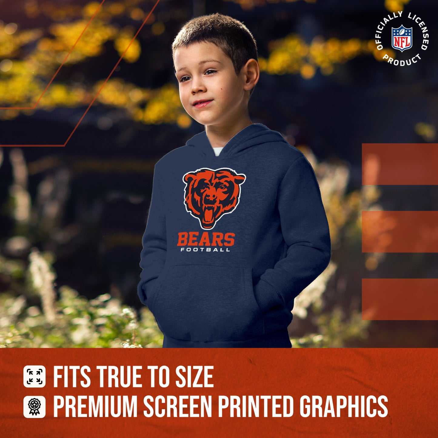 Chicago Bears Youth NFL Ultimate Fan Logo Fleece Hooded Sweatshirt -Tagless Football Pullover For Kids - Navy