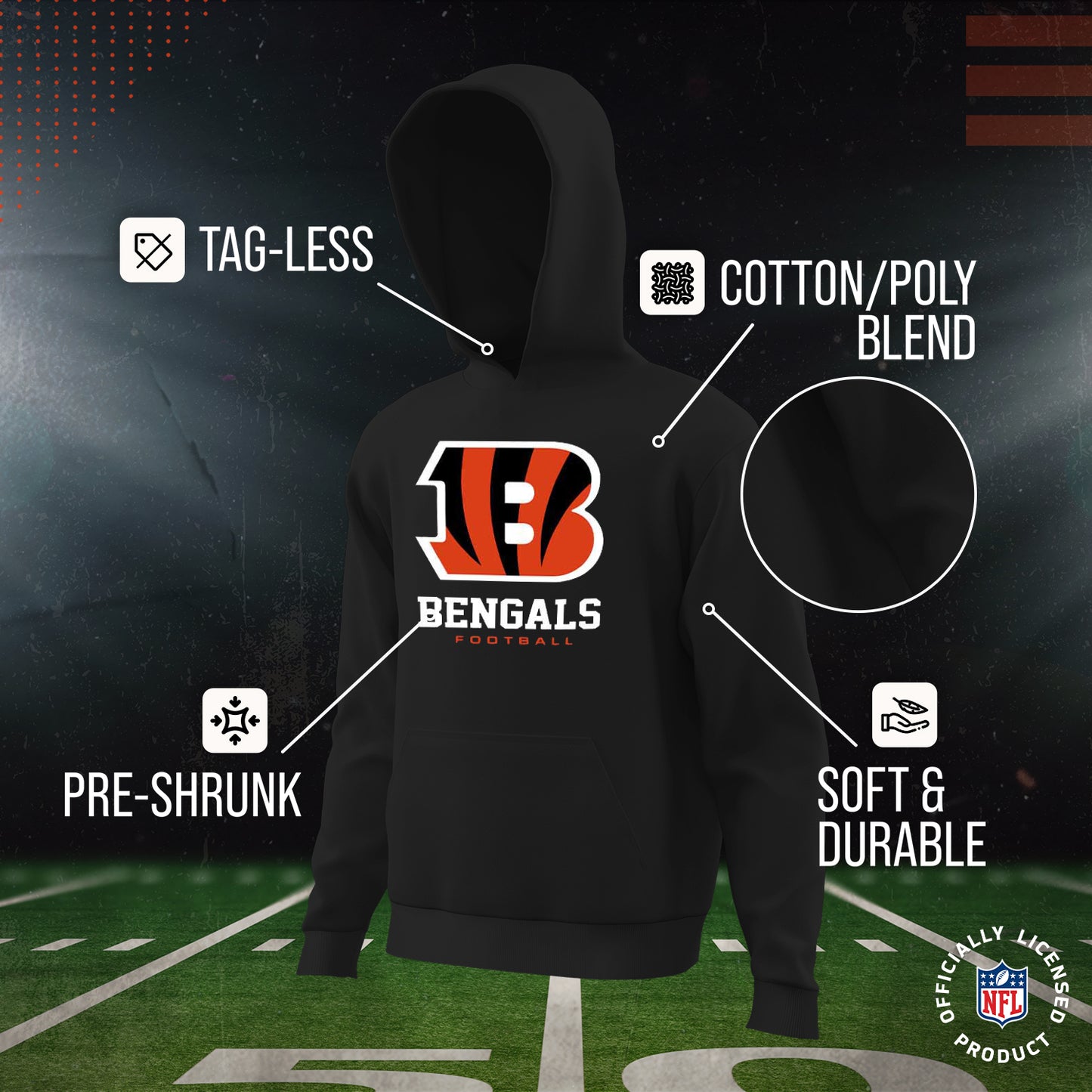Cincinnati Bengals Youth NFL Ultimate Fan Logo Fleece Hooded Sweatshirt -Tagless Football Pullover For Kids - Black