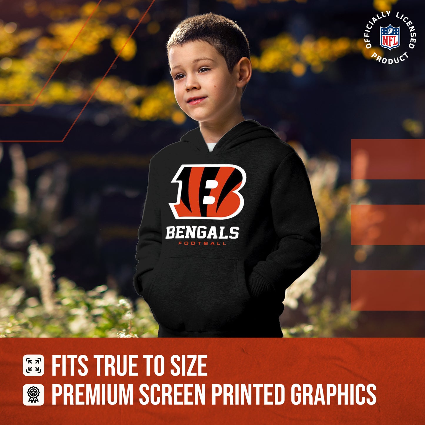 Cincinnati Bengals Youth NFL Ultimate Fan Logo Fleece Hooded Sweatshirt -Tagless Football Pullover For Kids - Black