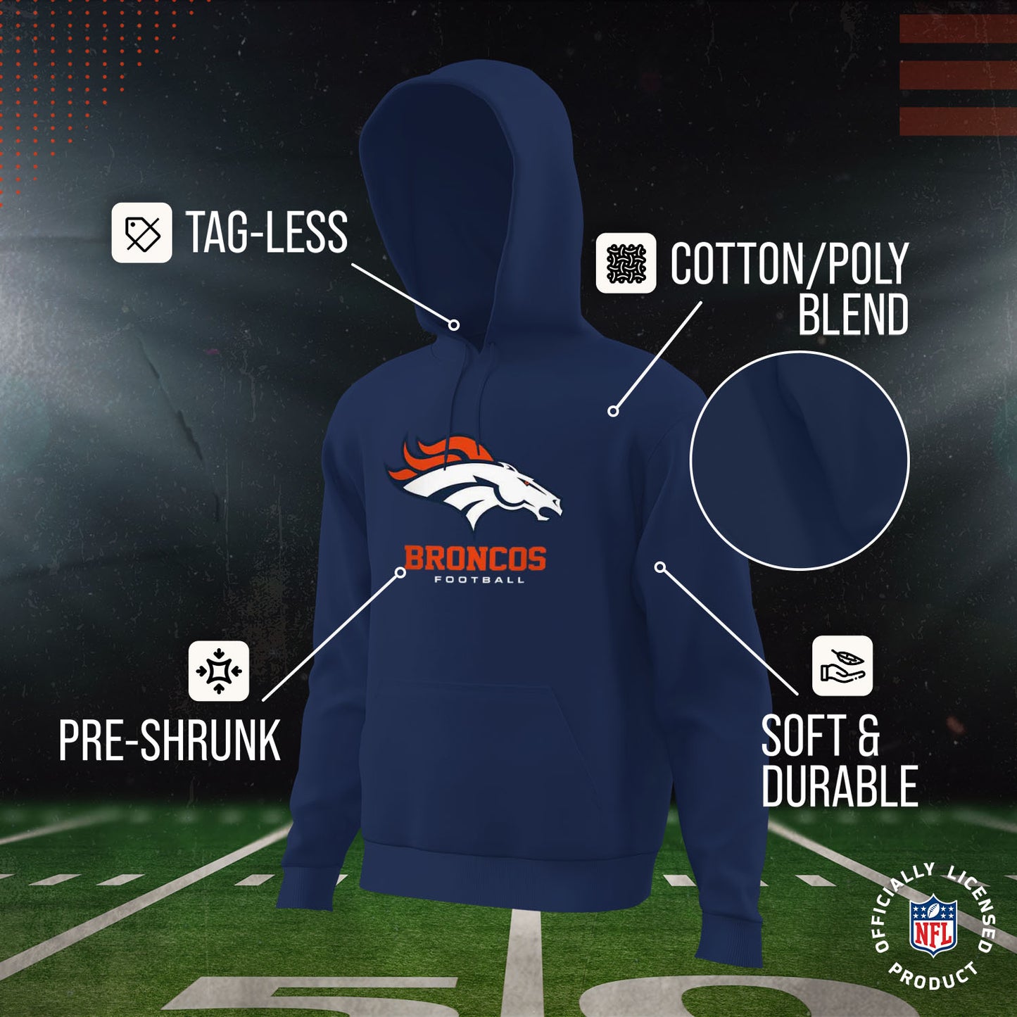 Denver Broncos Youth NFL Ultimate Fan Logo Fleece Hooded Sweatshirt -Tagless Football Pullover For Kids - Navy