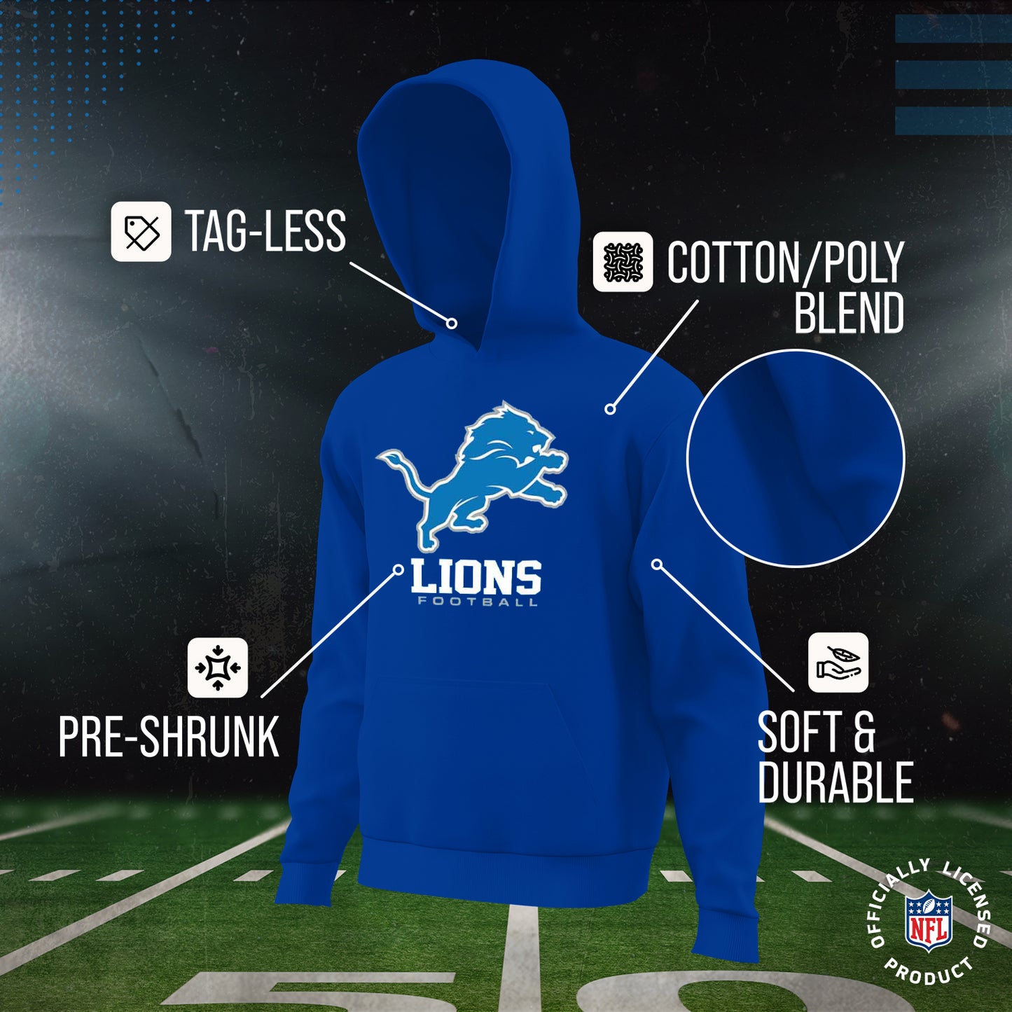 Detroit Lions Youth NFL Ultimate Fan Logo Fleece Hooded Sweatshirt -Tagless Football Pullover For Kids - Royal