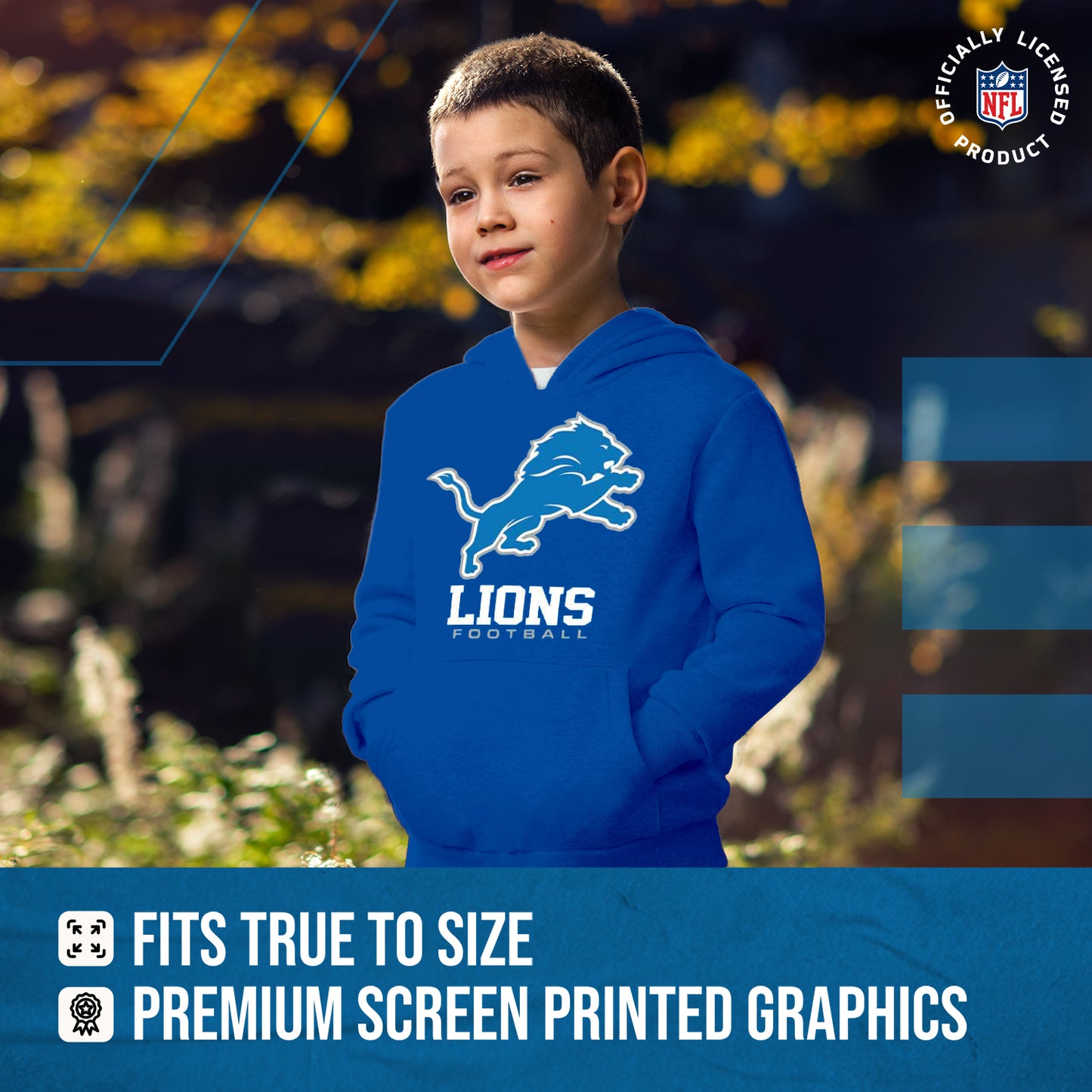 Detroit Lions Youth NFL Ultimate Fan Logo Fleece Hooded Sweatshirt -Tagless Football Pullover For Kids - Royal