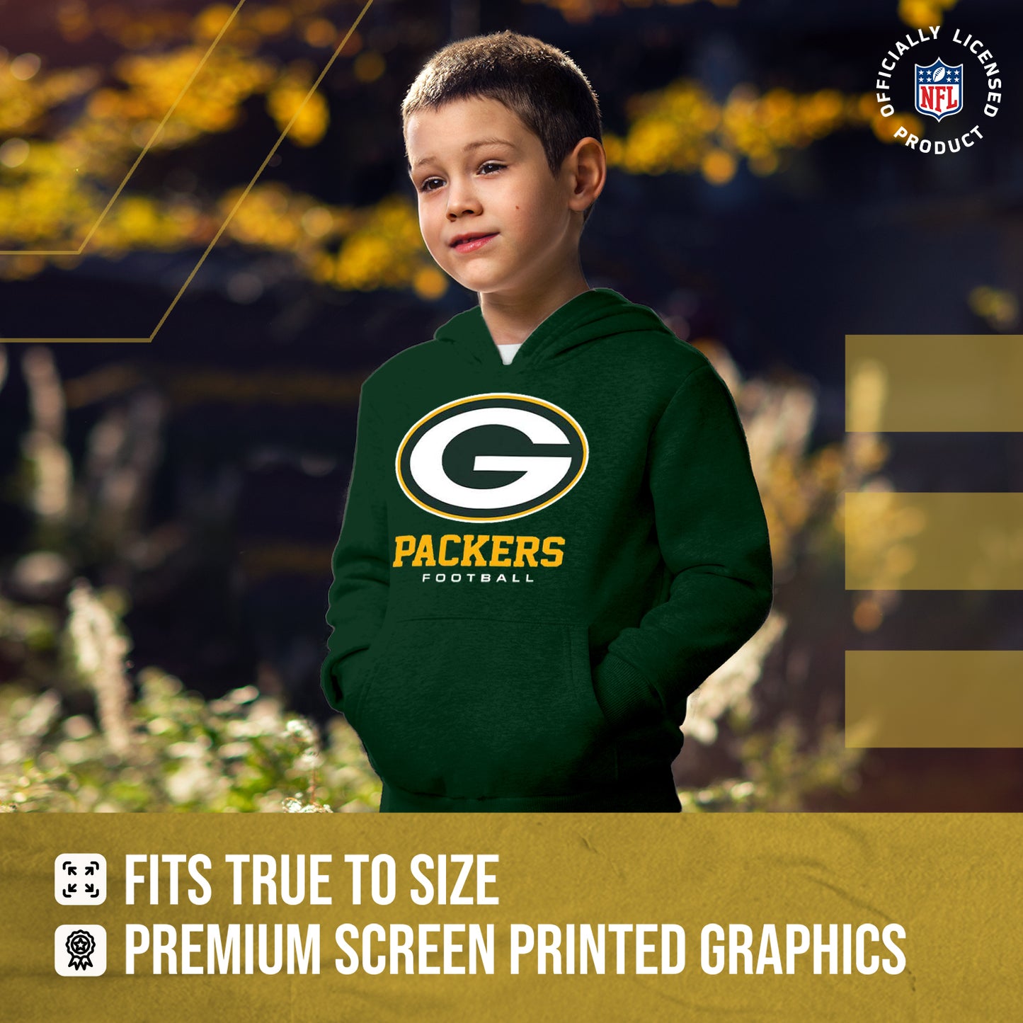 Green Bay Packers Youth NFL Ultimate Fan Logo Fleece Hooded Sweatshirt -Tagless Football Pullover For Kids - Forest Green