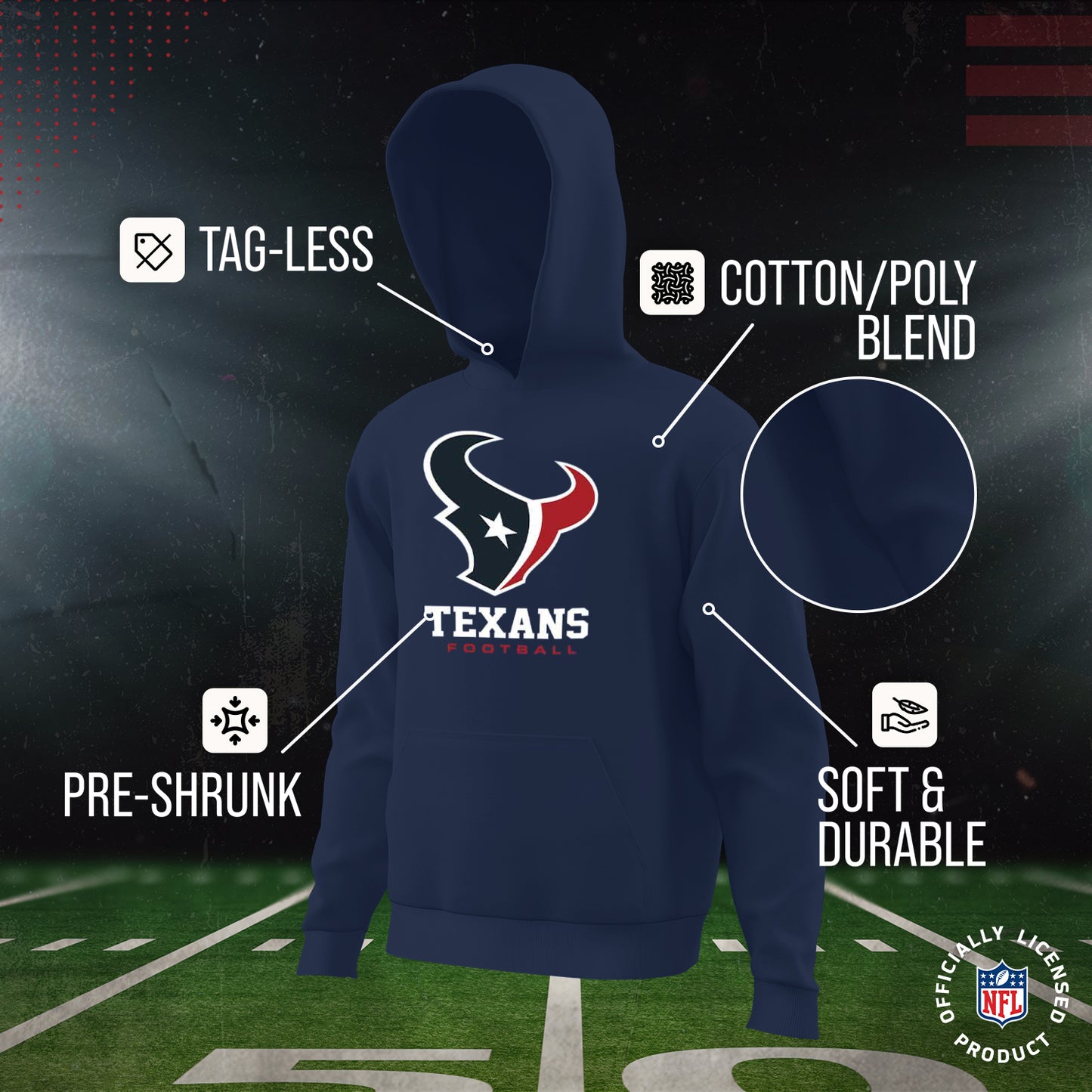Houston Texans Youth NFL Ultimate Fan Logo Fleece Hooded Sweatshirt -Tagless Football Pullover For Kids - Navy