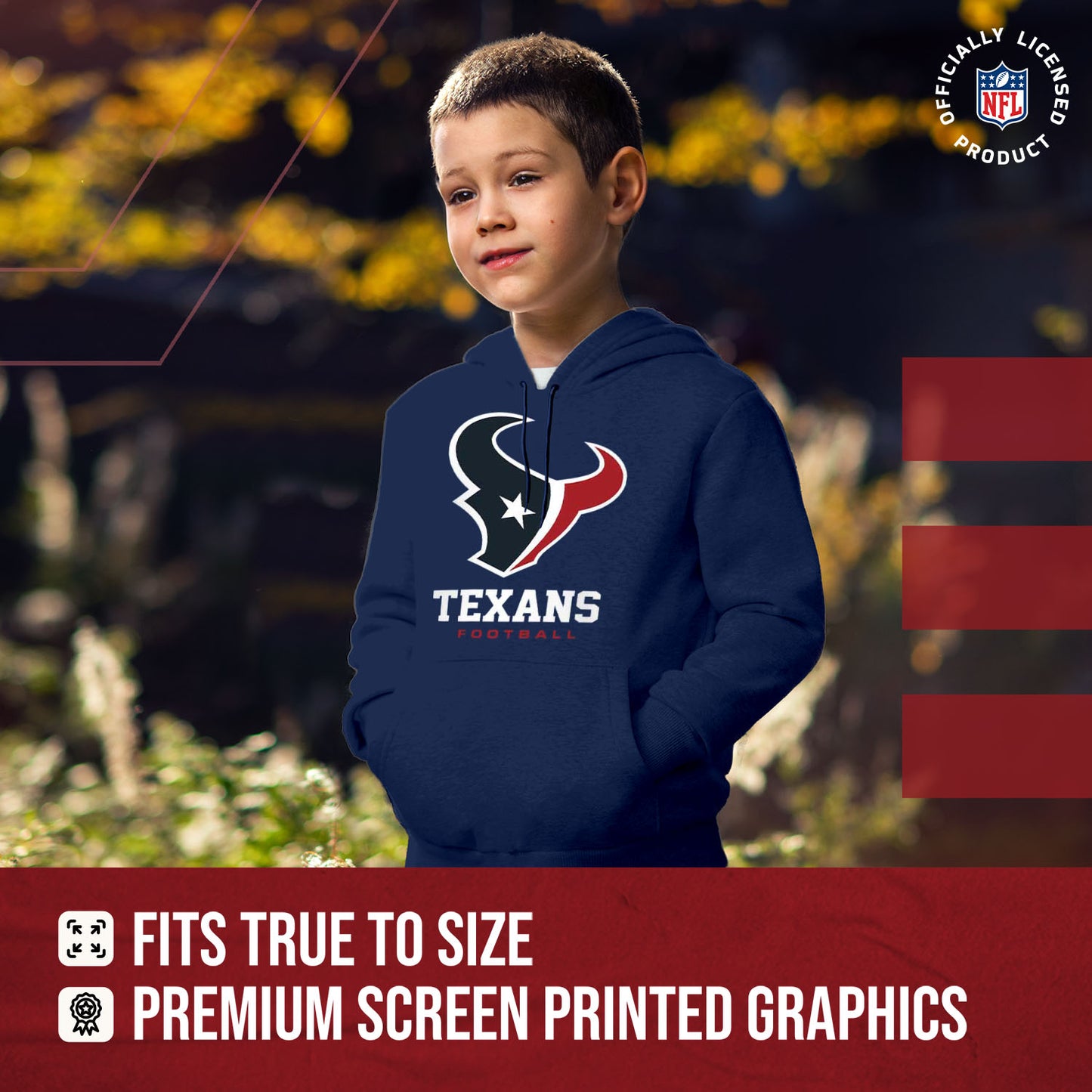 Houston Texans Youth NFL Ultimate Fan Logo Fleece Hooded Sweatshirt -Tagless Football Pullover For Kids - Navy