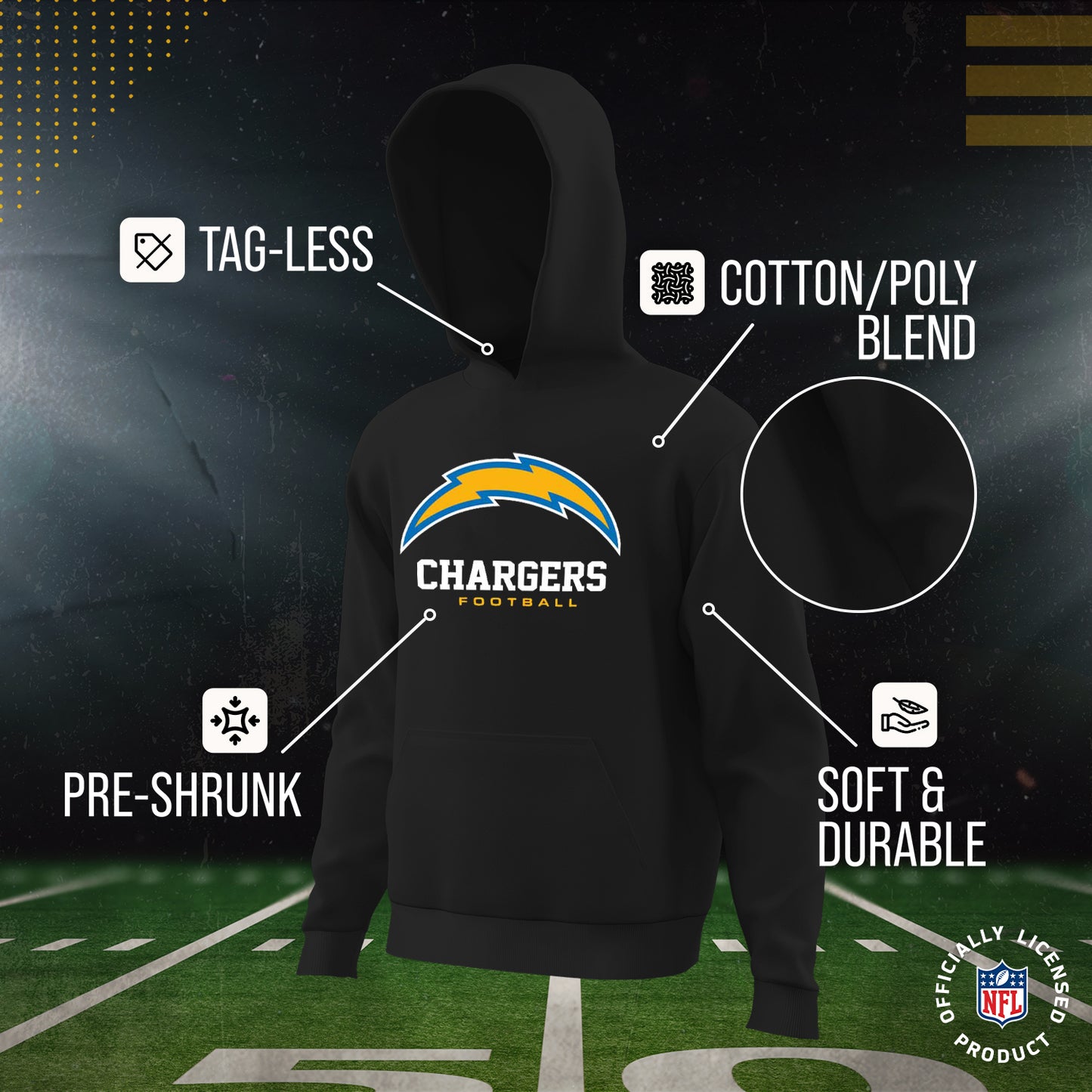 Los Angeles Chargers Youth NFL Ultimate Fan Logo Fleece Hooded Sweatshirt -Tagless Football Pullover For Kids - Black