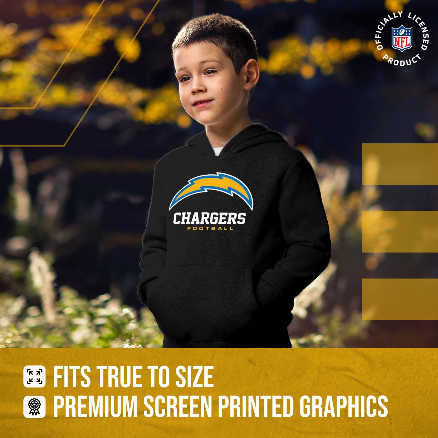 Los Angeles Chargers Youth NFL Ultimate Fan Logo Fleece Hooded Sweatshirt -Tagless Football Pullover For Kids - Black