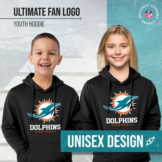 Miami Dolphins Youth NFL Ultimate Fan Logo Fleece Hooded Sweatshirt -Tagless Football Pullover For Kids - Black
