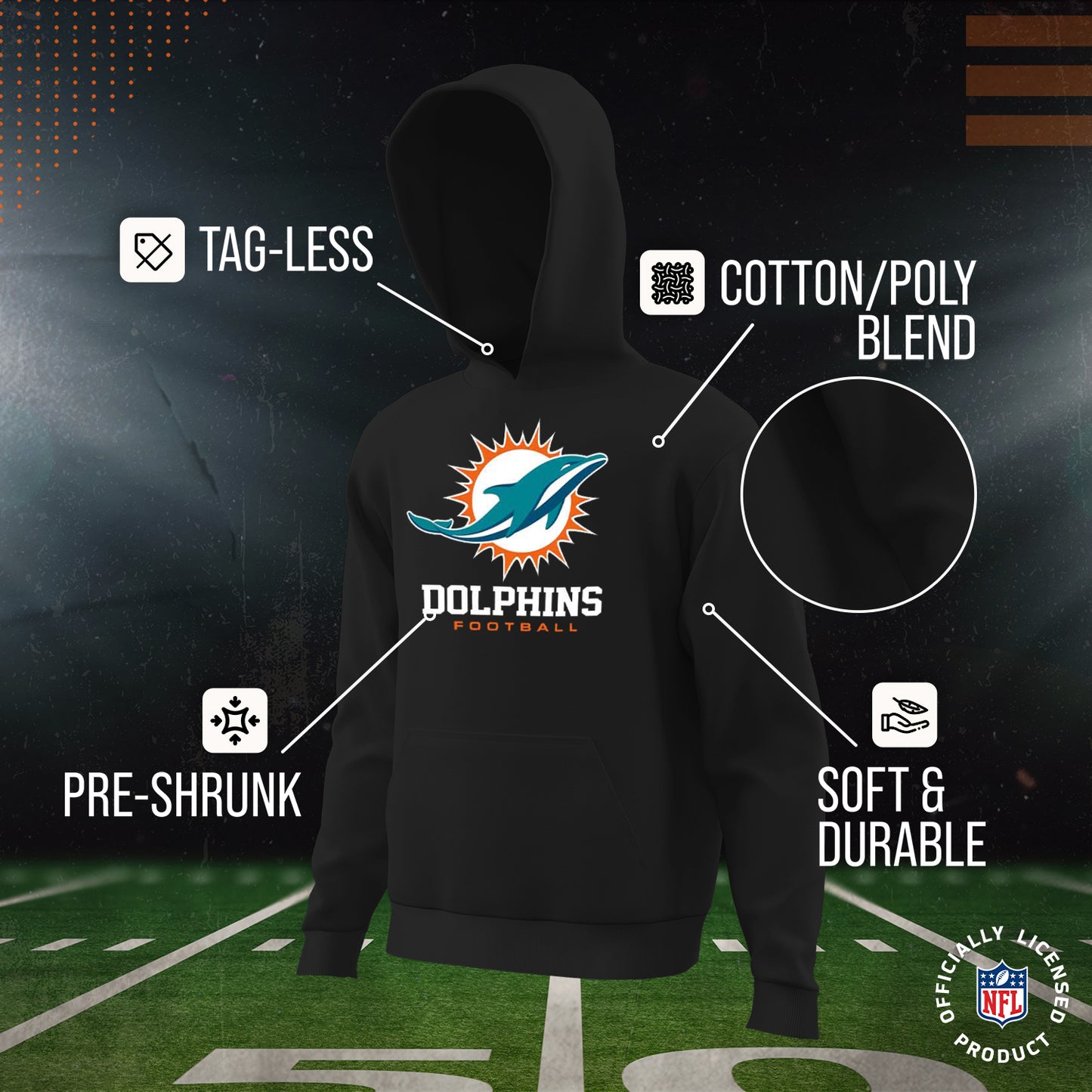 Miami Dolphins Youth NFL Ultimate Fan Logo Fleece Hooded Sweatshirt -Tagless Football Pullover For Kids - Black
