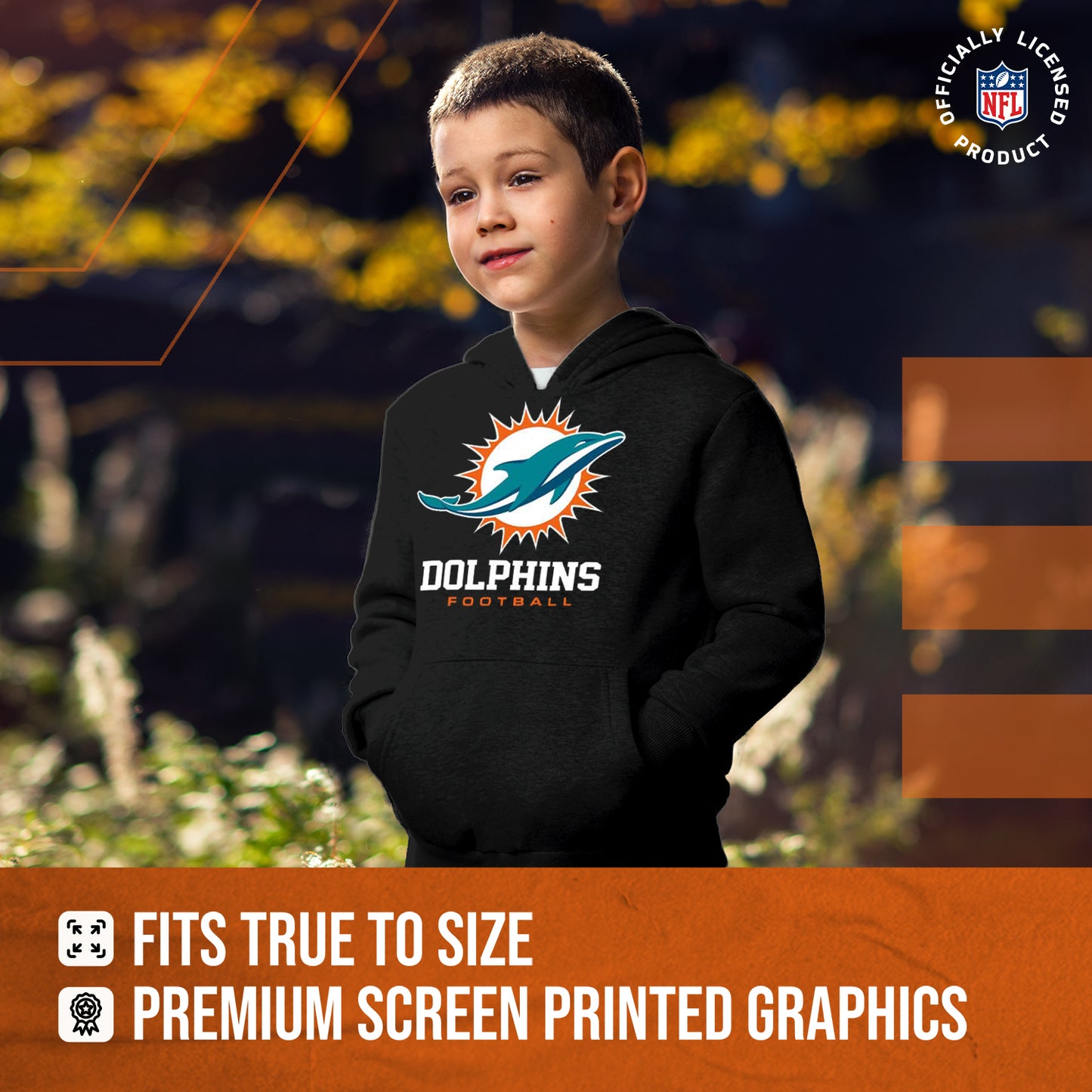 Miami Dolphins Youth NFL Ultimate Fan Logo Fleece Hooded Sweatshirt -Tagless Football Pullover For Kids - Black