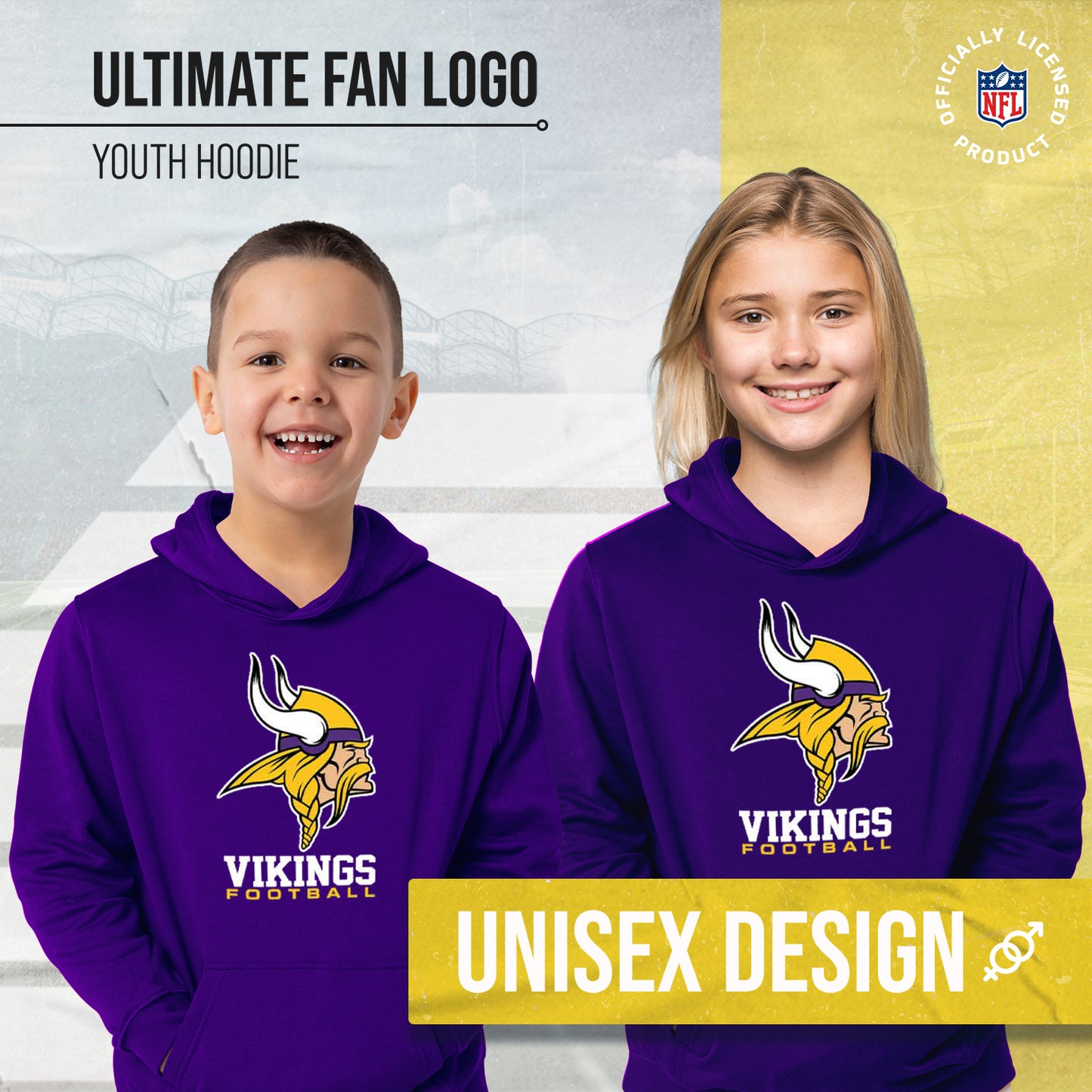 Minnesota Vikings Youth NFL Ultimate Fan Logo Fleece Hooded Sweatshirt -Tagless Football Pullover For Kids - Purple