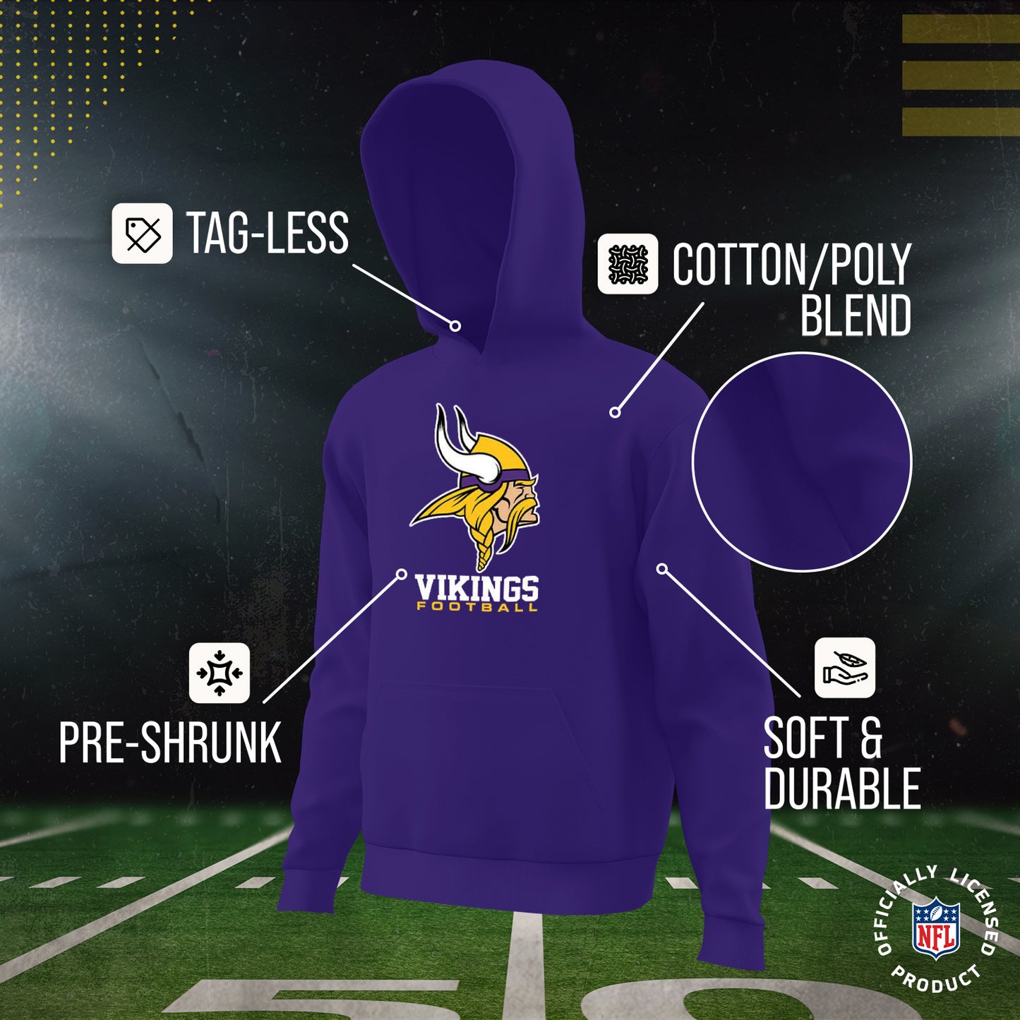 Minnesota Vikings Youth NFL Ultimate Fan Logo Fleece Hooded Sweatshirt -Tagless Football Pullover For Kids - Purple