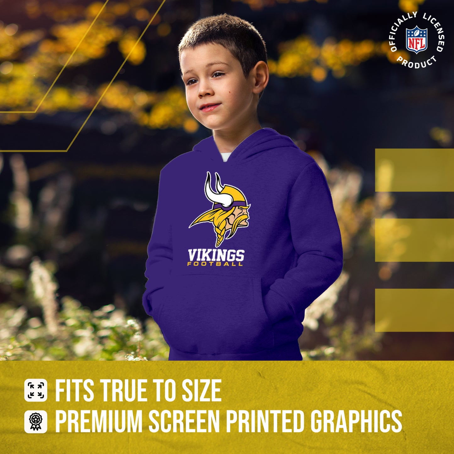 Minnesota Vikings Youth NFL Ultimate Fan Logo Fleece Hooded Sweatshirt -Tagless Football Pullover For Kids - Purple