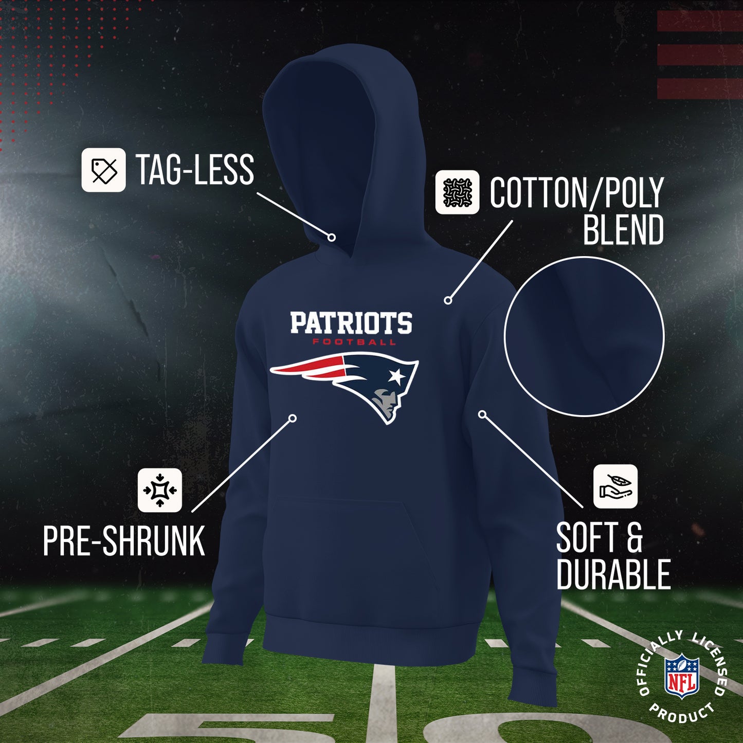 New England Patriots Youth NFL Ultimate Fan Logo Fleece Hooded Sweatshirt -Tagless Football Pullover For Kids - Navy