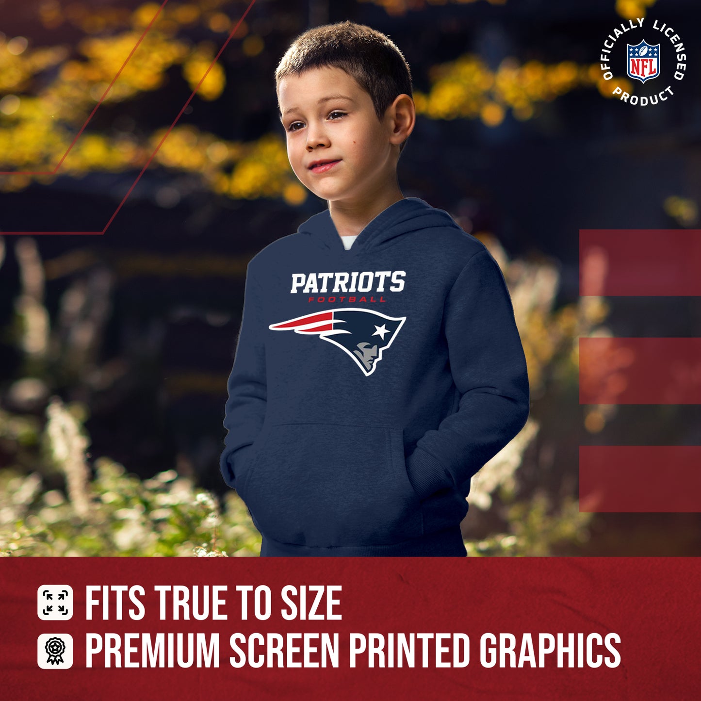 New England Patriots Youth NFL Ultimate Fan Logo Fleece Hooded Sweatshirt -Tagless Football Pullover For Kids - Navy