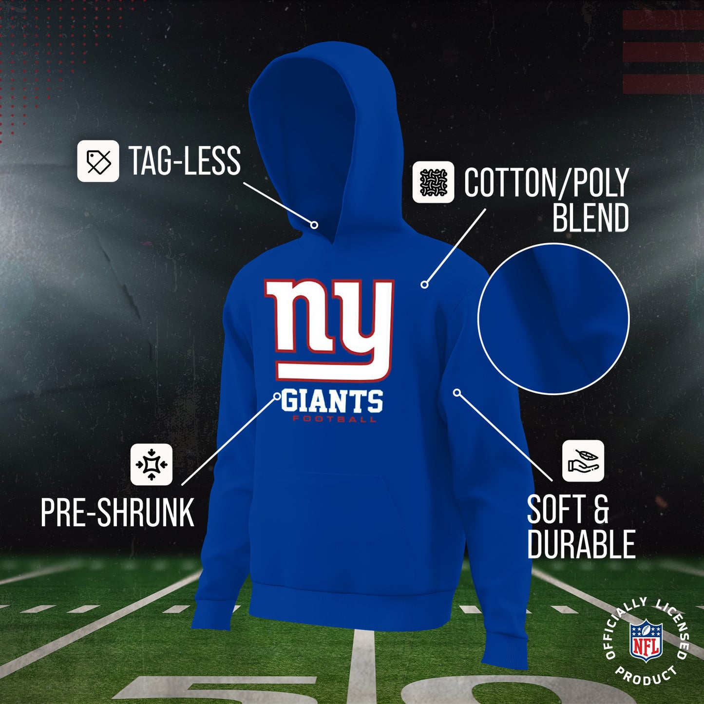 New York Giants Youth NFL Ultimate Fan Logo Fleece Hooded Sweatshirt -Tagless Football Pullover For Kids - Royal
