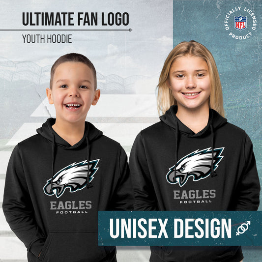 Philadelphia Eagles Youth NFL Ultimate Fan Logo Fleece Hooded Sweatshirt -Tagless Football Pullover For Kids - Black