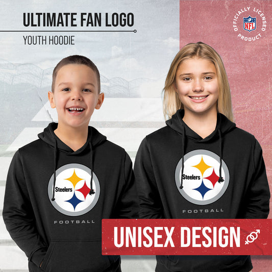 Pittsburgh Steelers Youth NFL Ultimate Fan Logo Fleece Hooded Sweatshirt -Tagless Football Pullover For Kids - Black