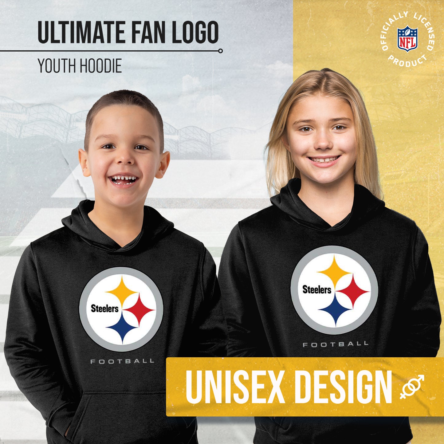 Pittsburgh Steelers Youth NFL Ultimate Fan Logo Fleece Hooded Sweatshirt -Tagless Football Pullover For Kids - Black