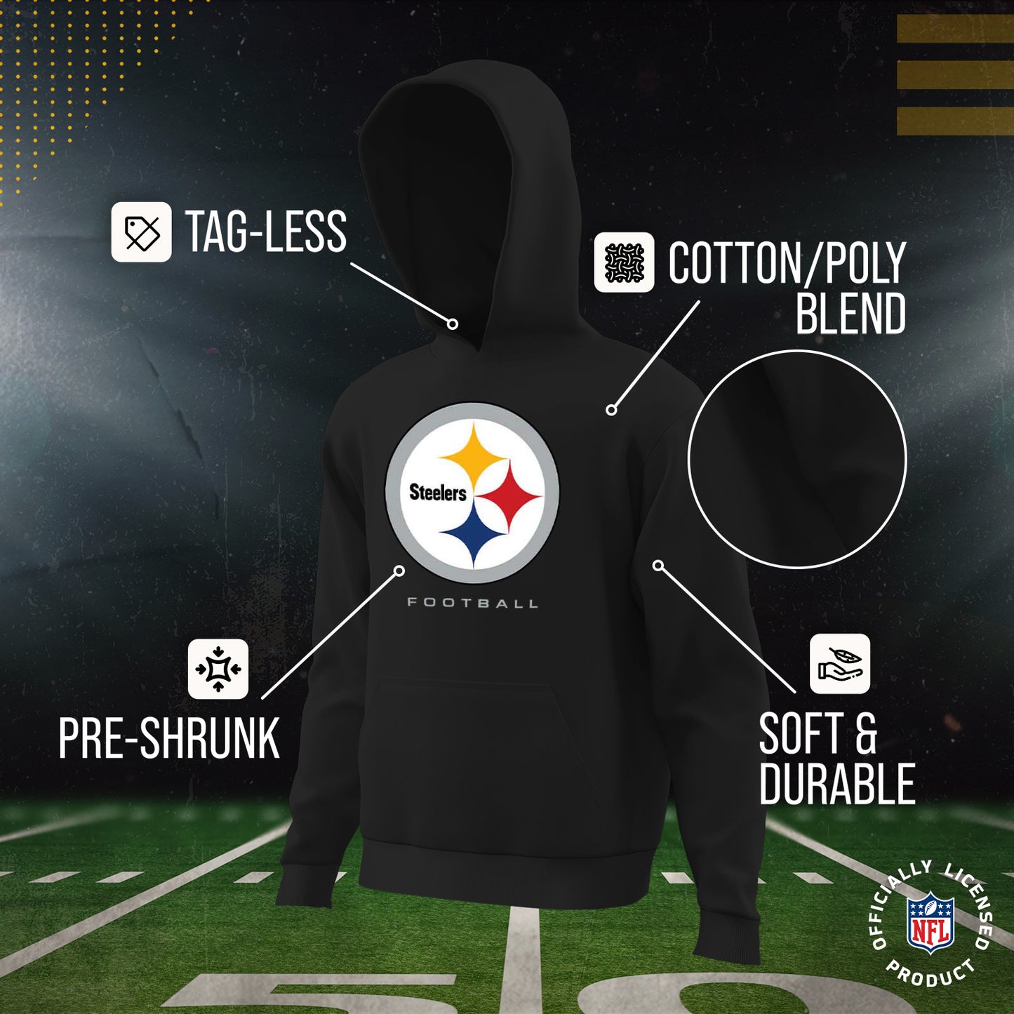 Pittsburgh Steelers Youth NFL Ultimate Fan Logo Fleece Hooded Sweatshirt -Tagless Football Pullover For Kids - Black