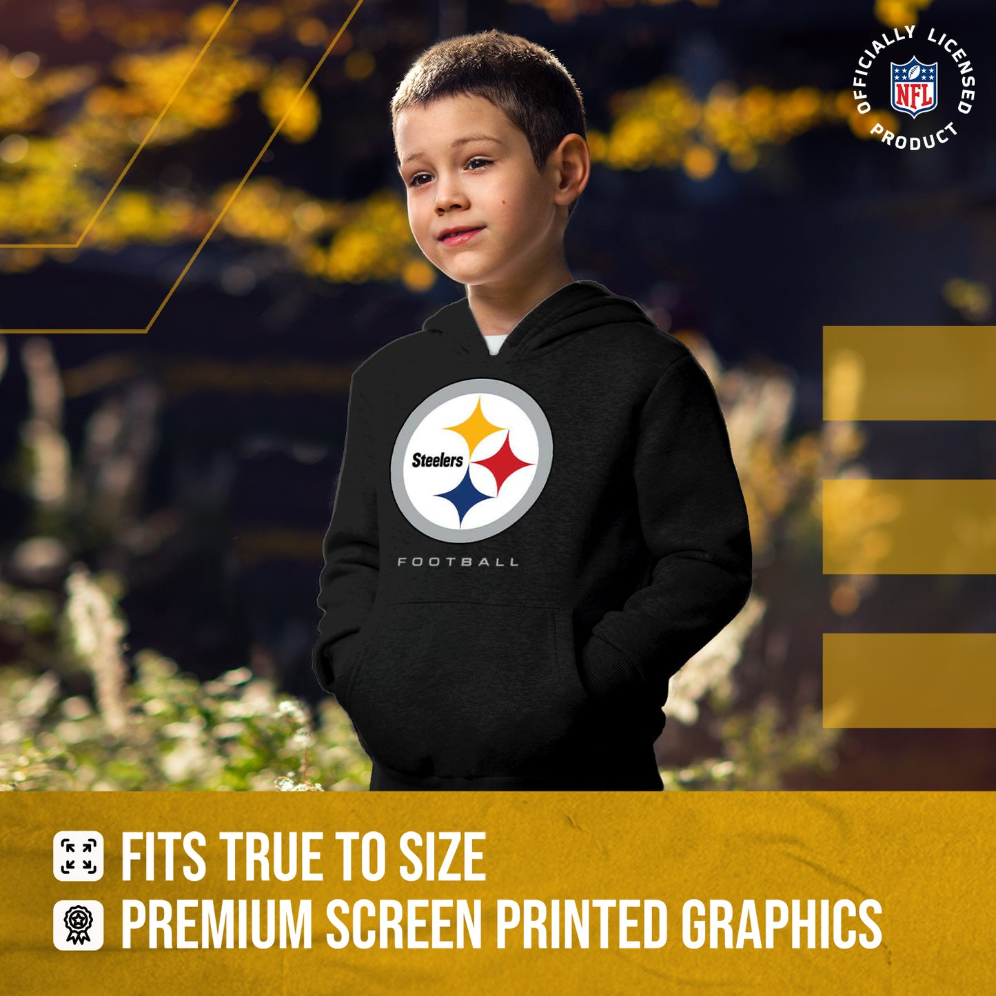 Pittsburgh Steelers Youth NFL Ultimate Fan Logo Fleece Hooded Sweatshirt -Tagless Football Pullover For Kids - Black