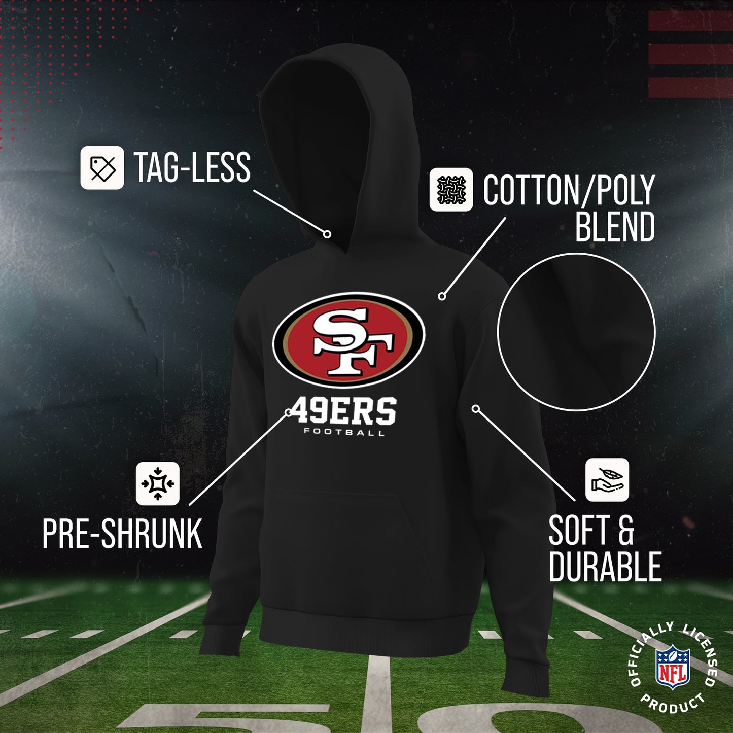 San Francisco 49ers Youth NFL Ultimate Fan Logo Fleece Hooded Sweatshirt -Tagless Football Pullover For Kids - Black