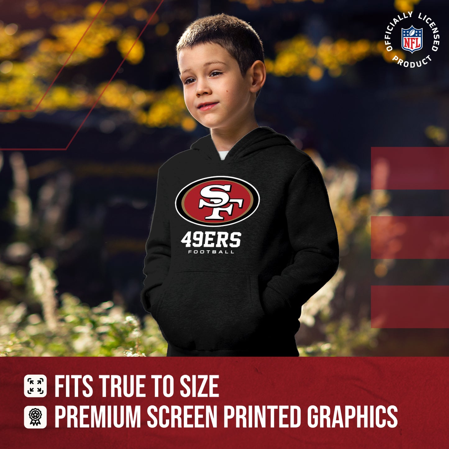 San Francisco 49ers Youth NFL Ultimate Fan Logo Fleece Hooded Sweatshirt -Tagless Football Pullover For Kids - Black