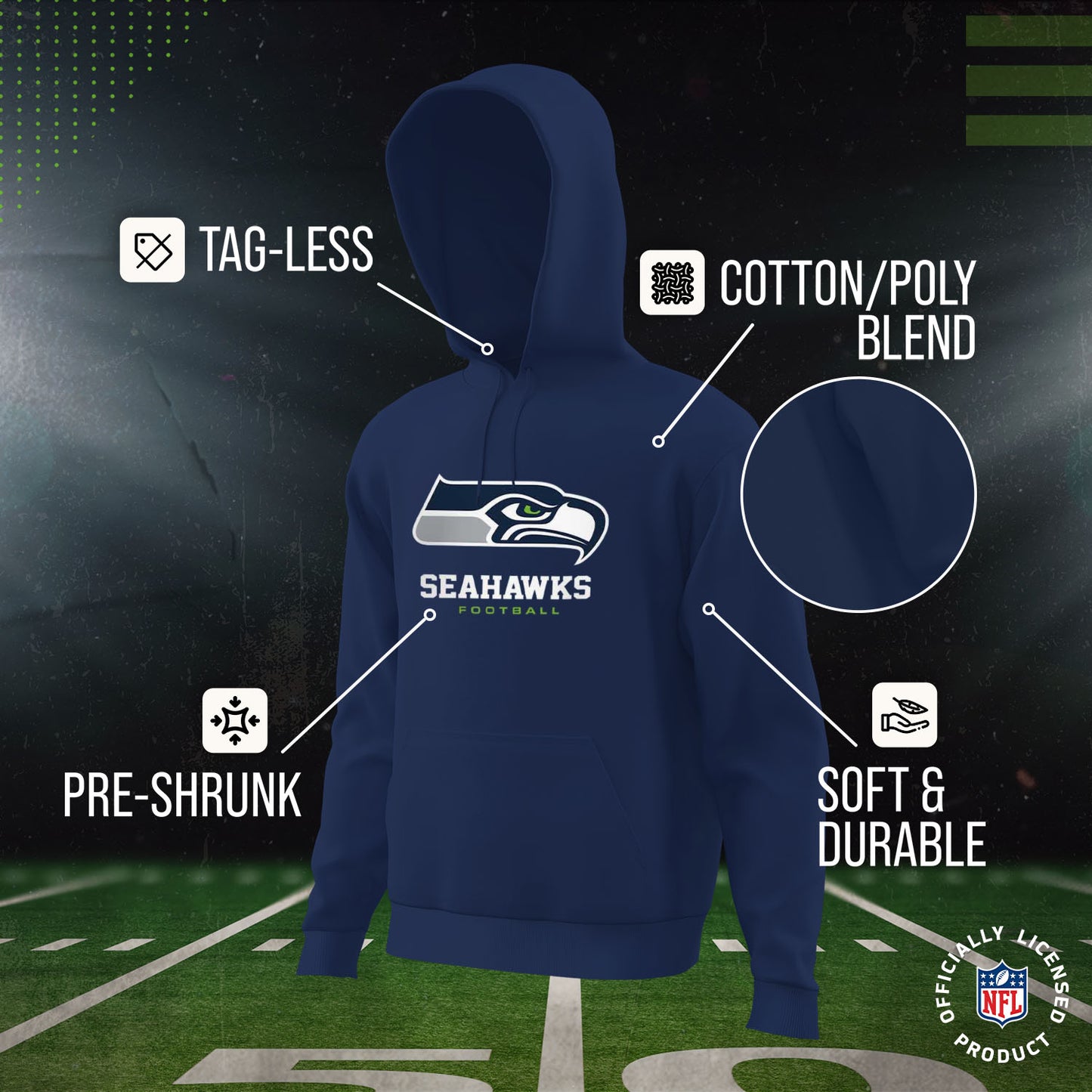 Seattle Seahawks Youth NFL Ultimate Fan Logo Fleece Hooded Sweatshirt -Tagless Football Pullover For Kids - Navy