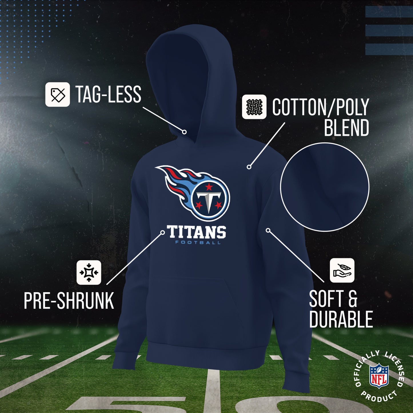 Tennessee Titans Youth NFL Ultimate Fan Logo Fleece Hooded Sweatshirt -Tagless Football Pullover For Kids - Navy
